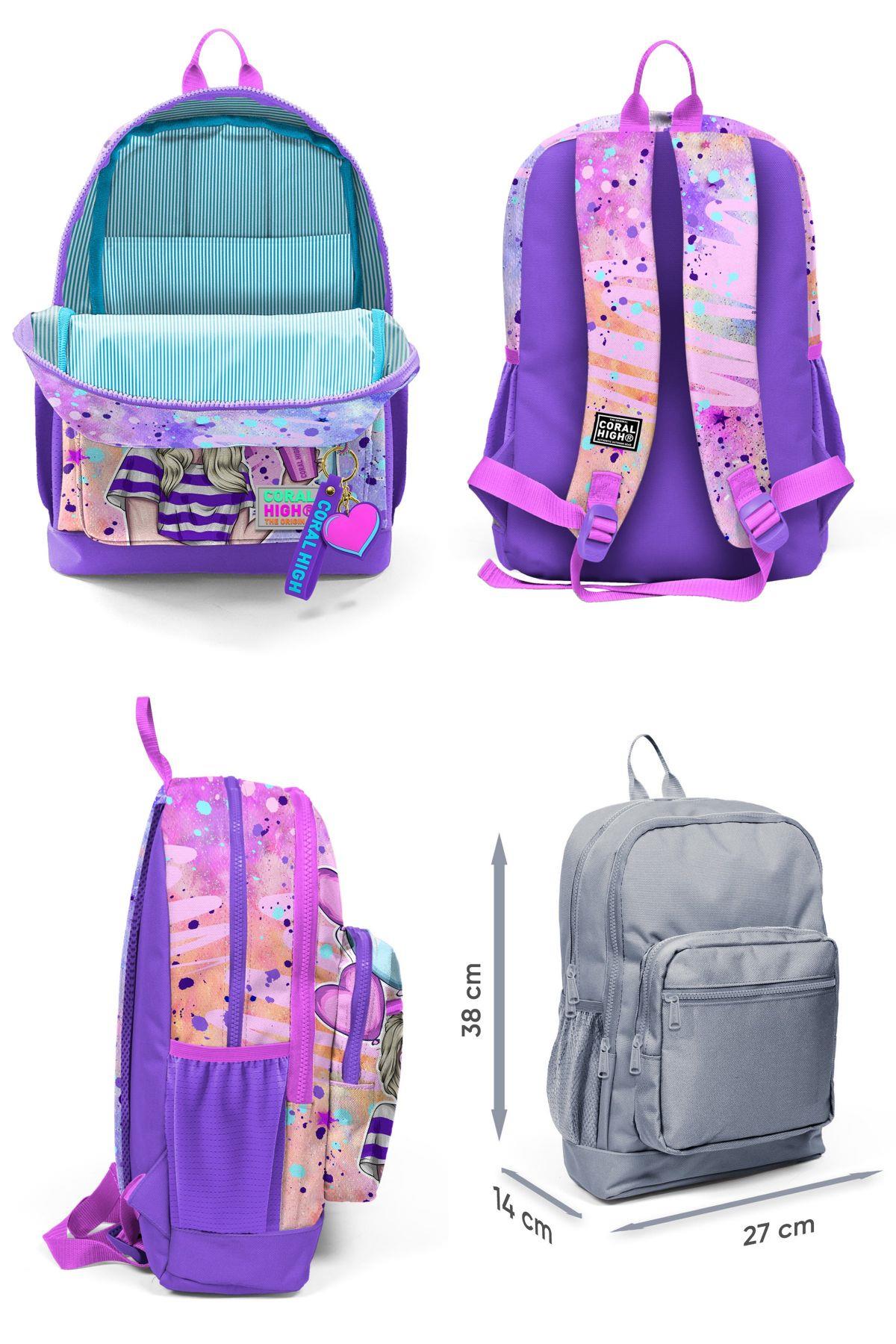 Coral High Dört Bölmeli Pembe Mor Fashion Girl Desenli İlkokul Sırt Çantası - Kız Çocuk