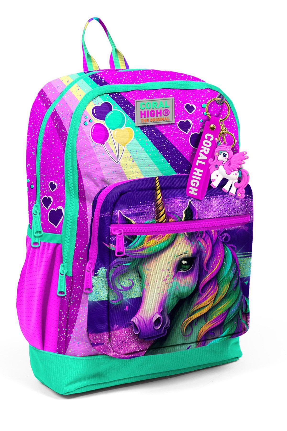 Coral High Dört Bölmeli Pembe Su Yeşili Unicorn Desenli İlkokul Sırt Çantası - Kız Çocuk