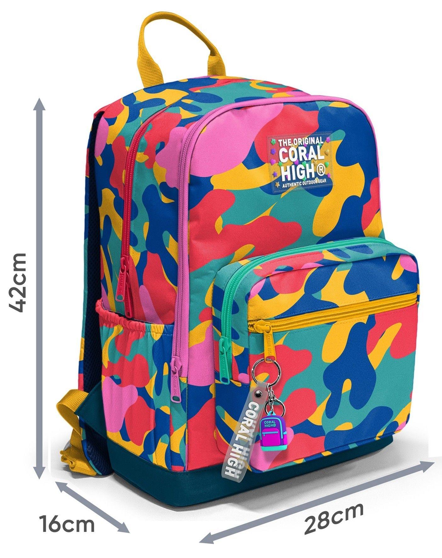 Coral High Dört Gözlü İlk ve Ortaokul Çantası - Unisex Renkli Kamuflaj Desenli 33232