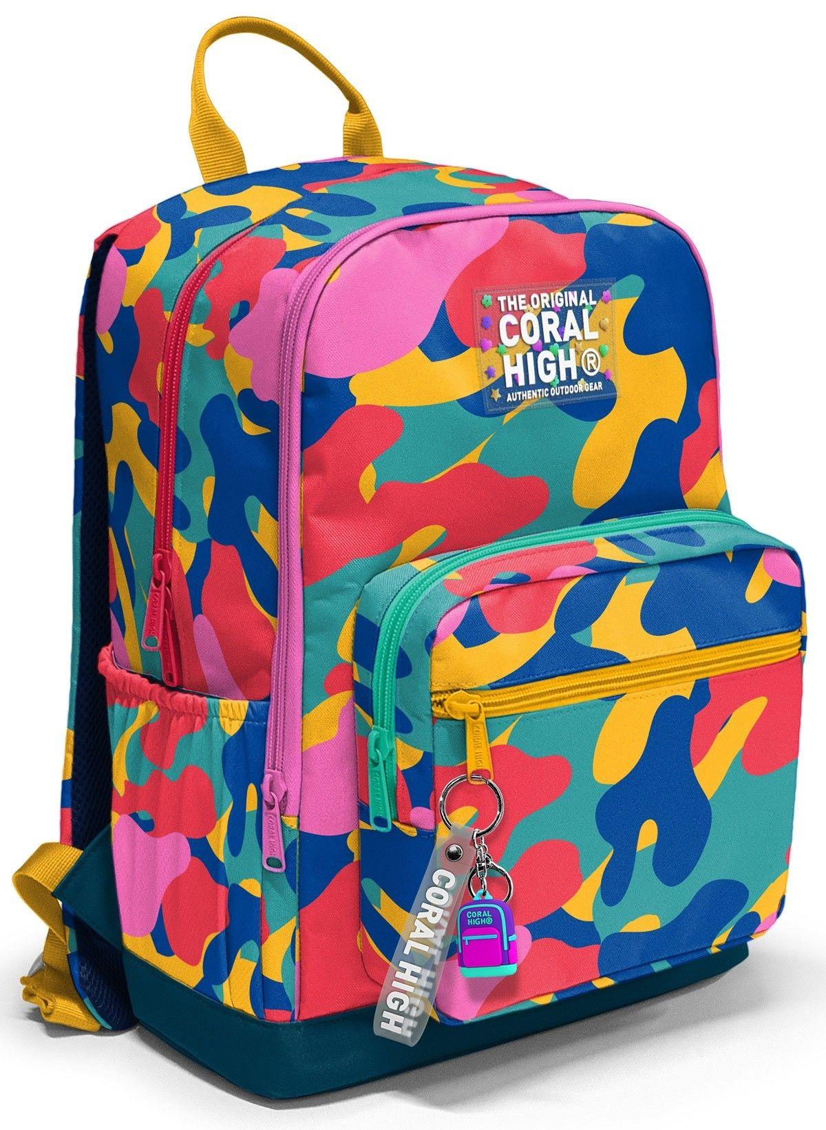 Coral High Dört Gözlü İlk ve Ortaokul Çantası - Unisex Renkli Kamuflaj Desenli 33232