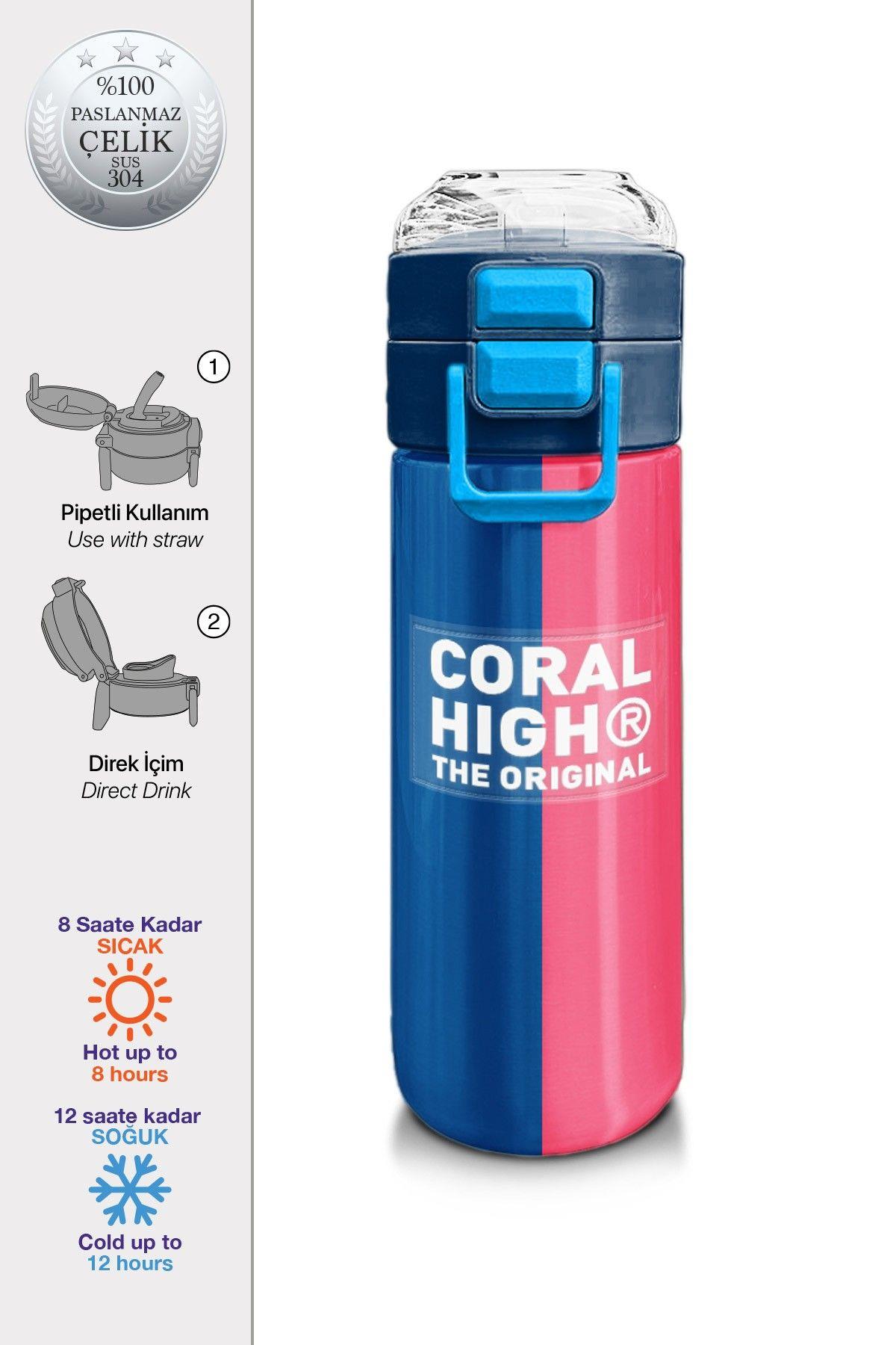 Coral High Erkek Çocuk 500 ml Okul ve Günlük Paslanmaz Çelik Termos - Mavi Pembe Renkli Çizgili - Sızdırmaz 31879