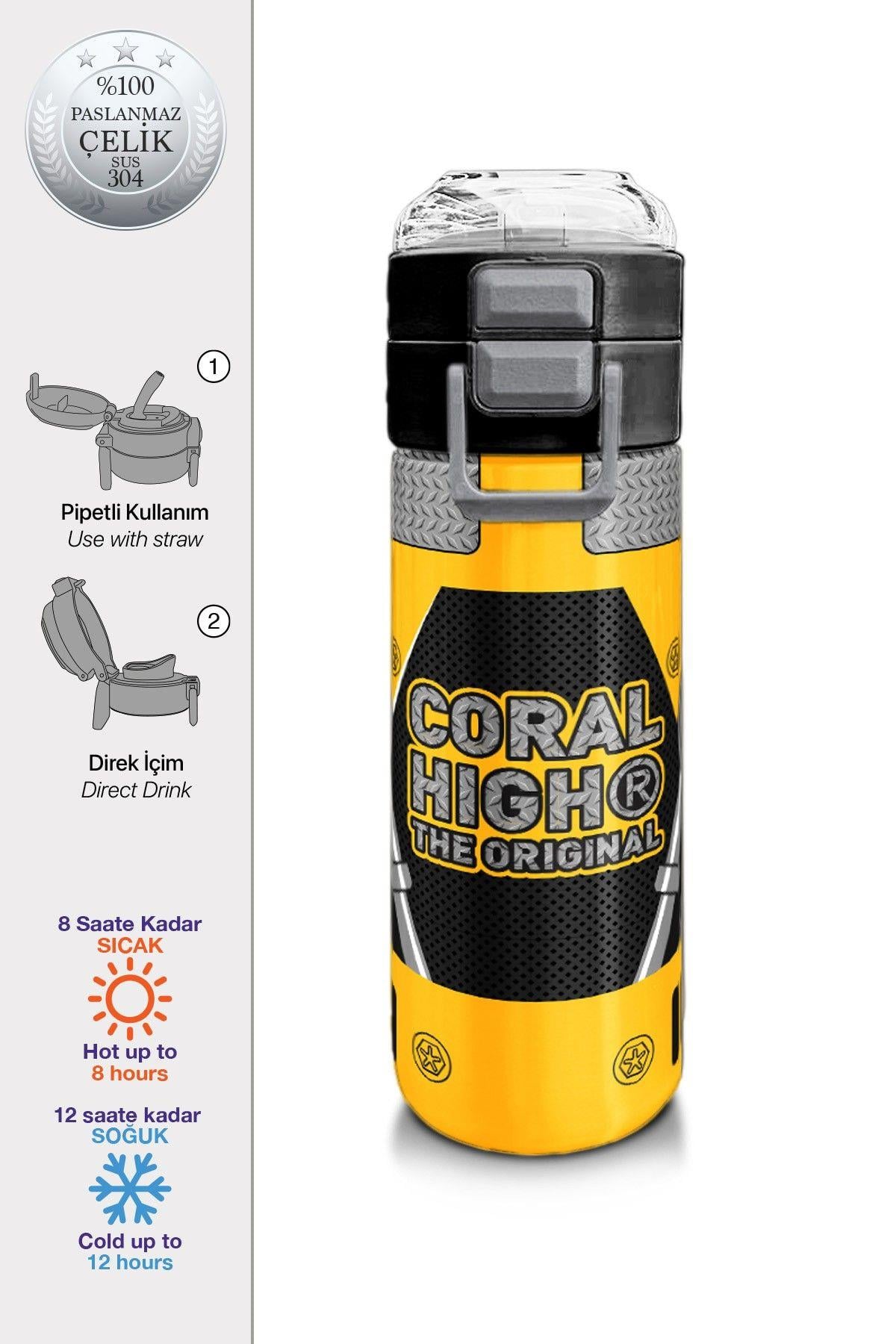 Coral High Erkek Çocuk 500 ml Okul ve Günlük Paslanmaz Çelik Termos - Sarı Siyah Robot Desenli - Sızdırmaz 31862