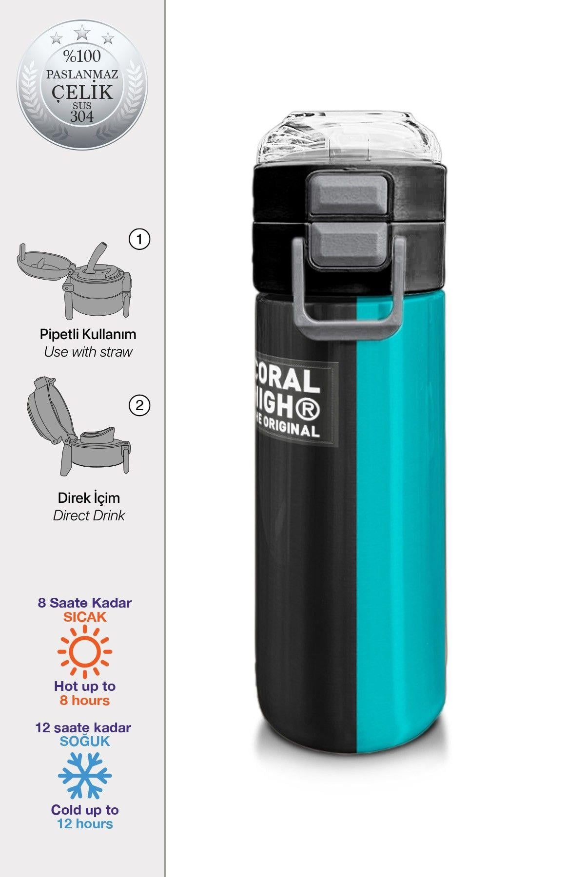 Coral High Erkek Çocuk 500 ml Okul ve Günlük Paslanmaz Çelik Termos - Siyah Yeşil Çizgili Desenli  - Sızdırmaz 31896