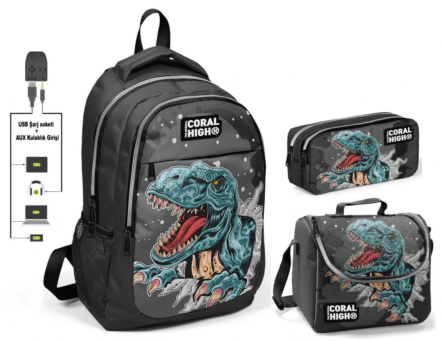 Coral High Erkek Çocuk Dinazor Desenli 3lü Çanta Takımı - USB Soketli