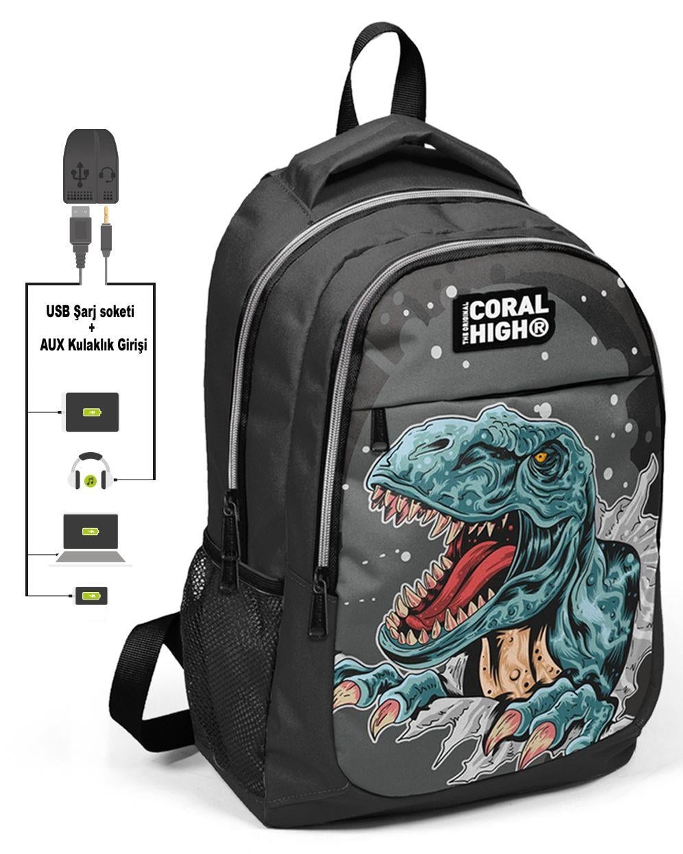 Coral High Erkek Çocuk Dinazor Desenli 3lü Çanta Takımı - USB Soketli