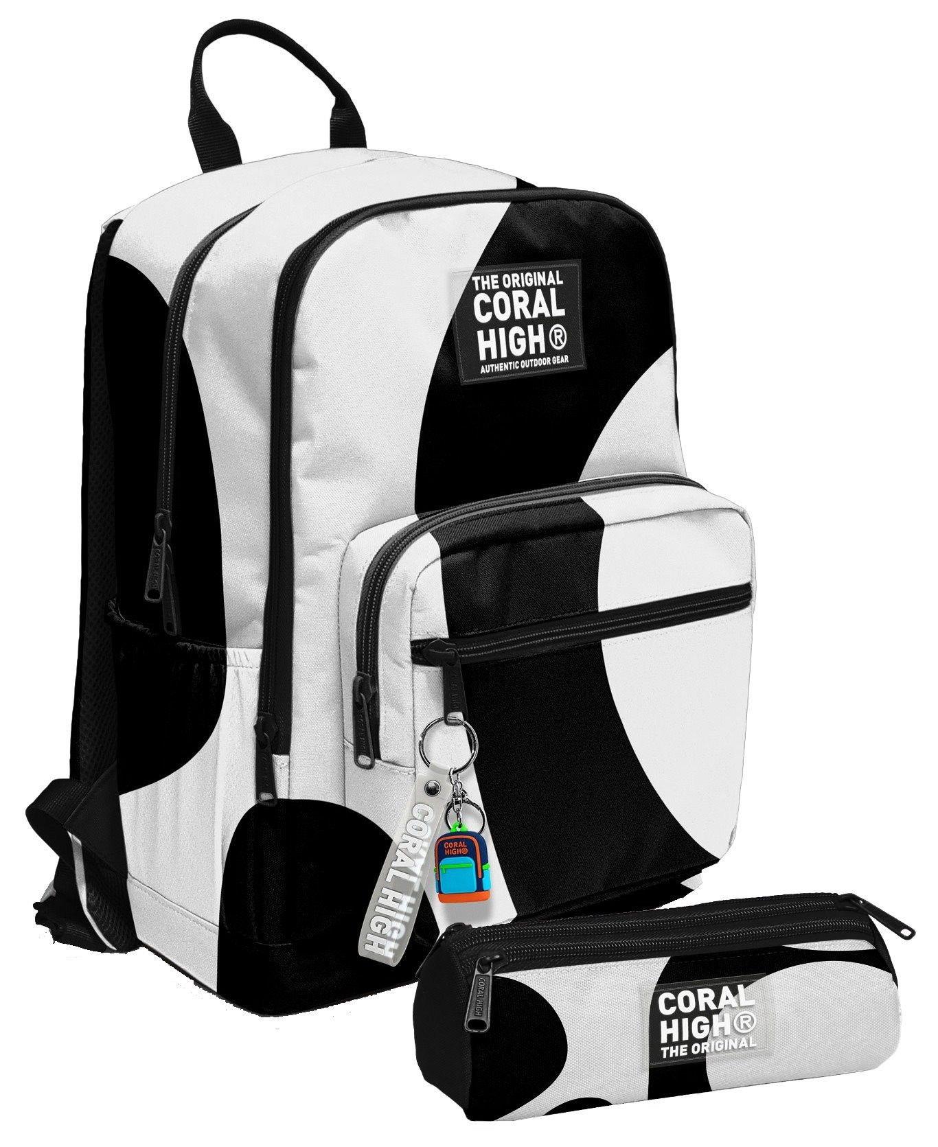 Coral High Erkek Çocuk Dört Gözlü Okul Sırt Çantası ve  Kalemlik Seti - Renkli Çizgili Siyah Beyaz - İlkokul ve Ortaokul İçin Uygun