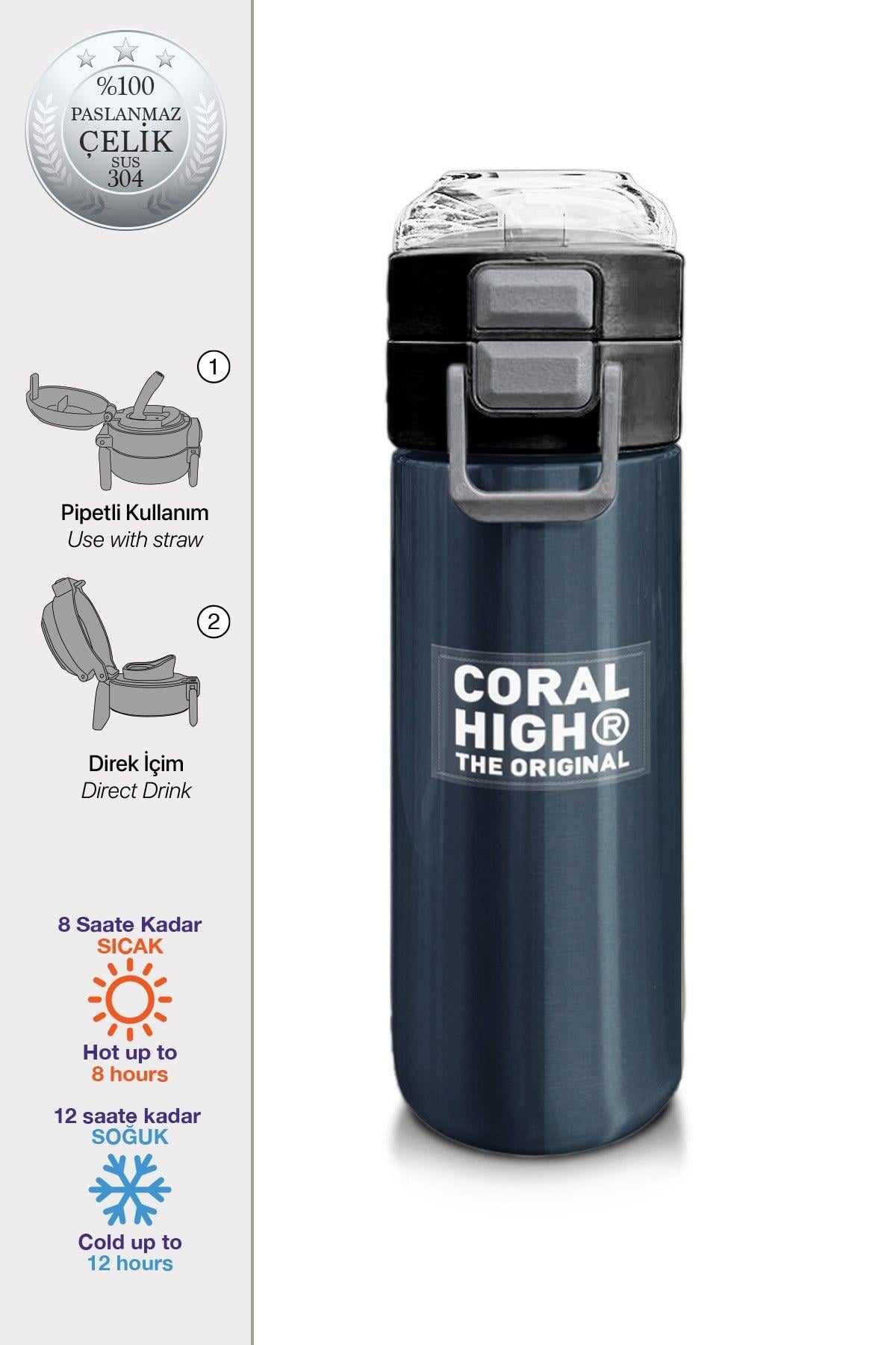 Coral High Çelik Matara Termos/Suluk 31998 - 500ml, Erkek Çocuk - Lacivert Turuncu Çizgili