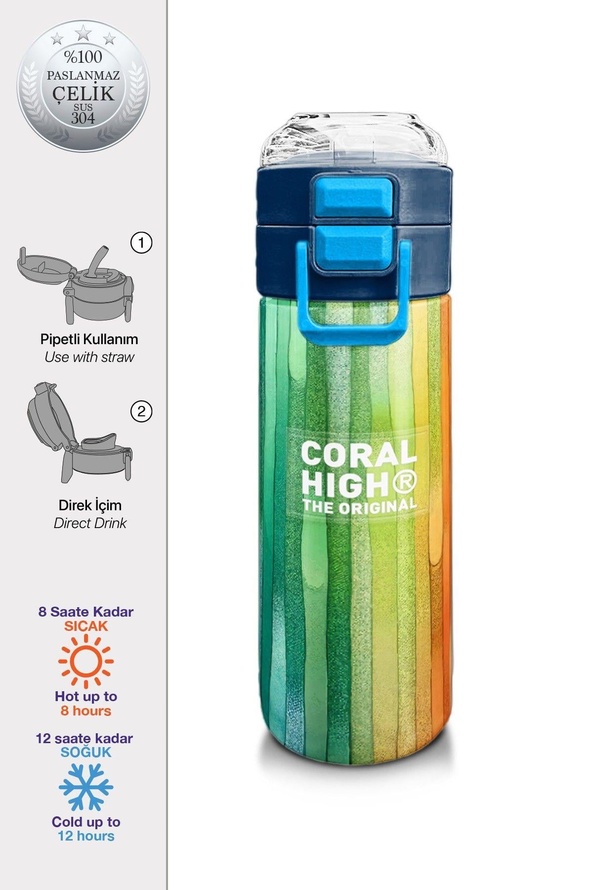 Coral High Erkek Çocuk İçin 500 mllik Paslanmaz Çelik Termos/Suluk - Lacivert Renkli Çizgili Desenli 31890