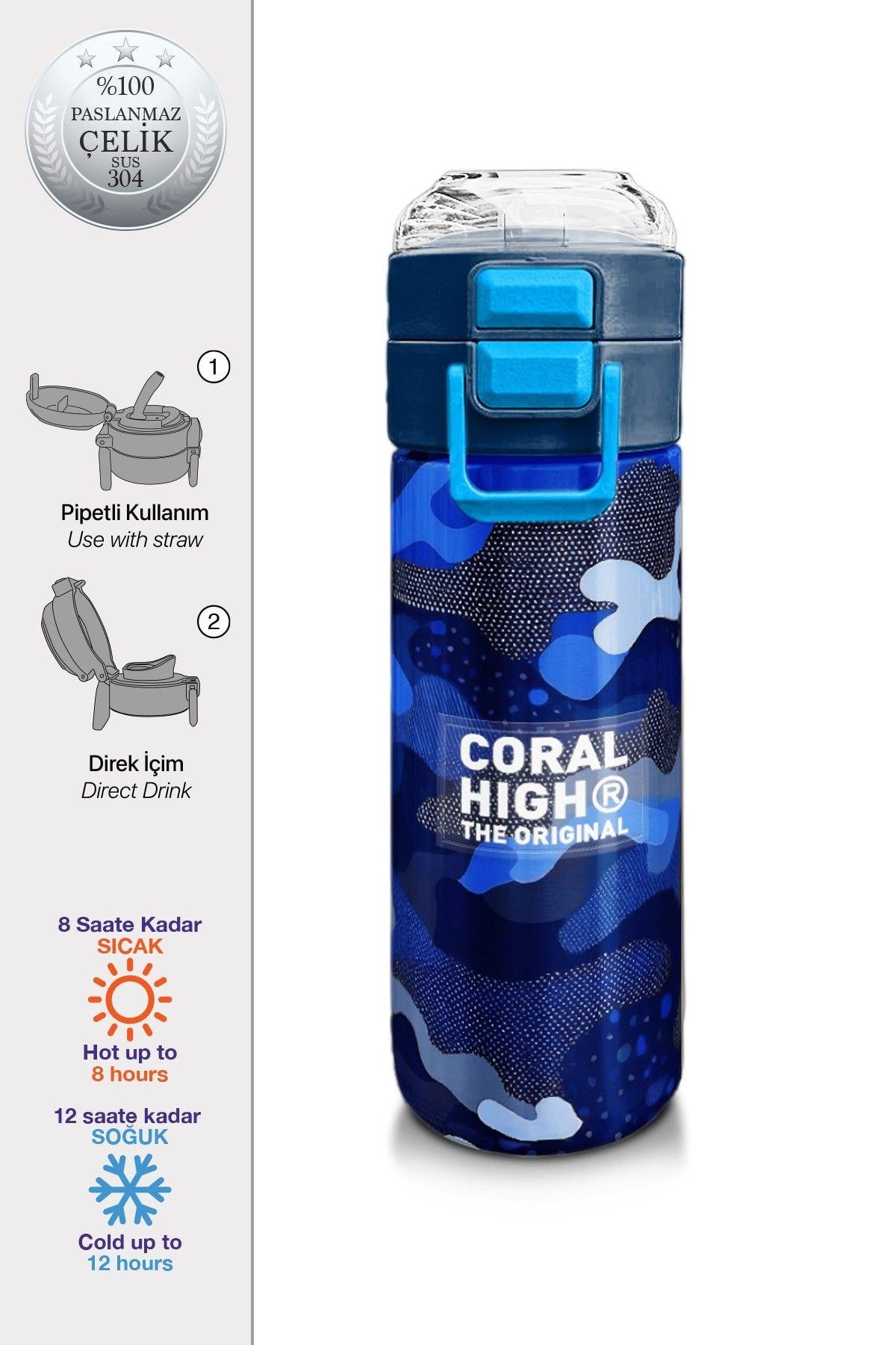 Coral High Erkek Çocuk İçin 500 mllik Paslanmaz Çelik Termos/Suluk - Lacivert Saks Kamuflaj Desenli 31889
