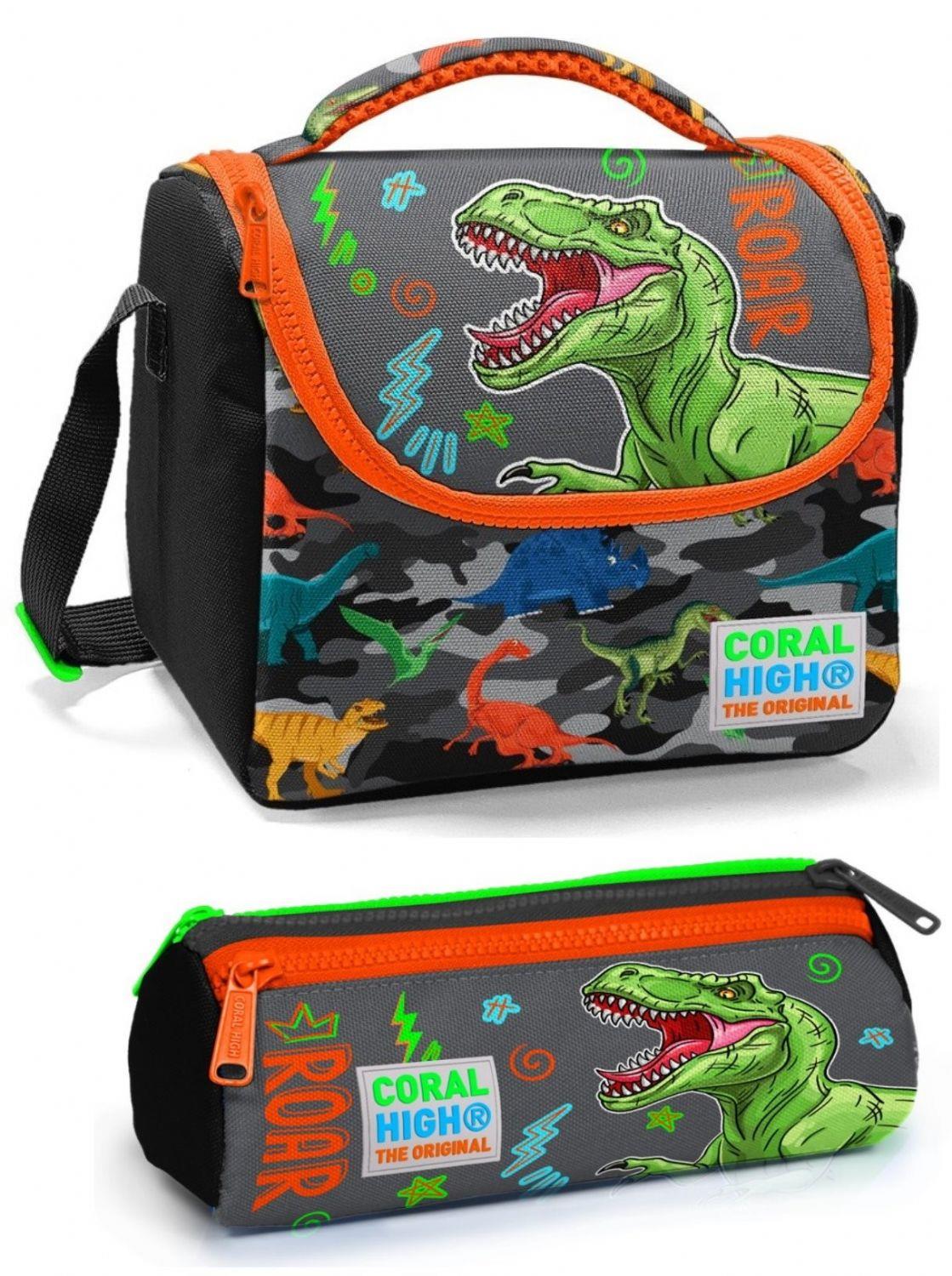 Coral High Erkek Çocuk İlkokul Çantası Seti Gri Yeşil Dinazor