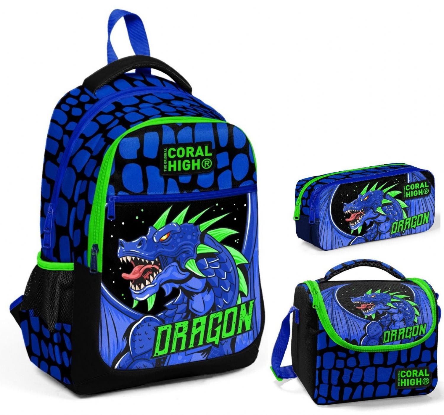 Coral High Erkek Çocuk Mavi Yeşil Dragon Üçlü İlkokul Okul Çanta Seti