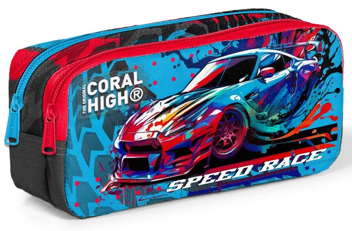 Coral High Erkek Çocuk Üç Gözlü İlkokul Çanta Seti - Gri Mavi Yarış Arabası Desenli