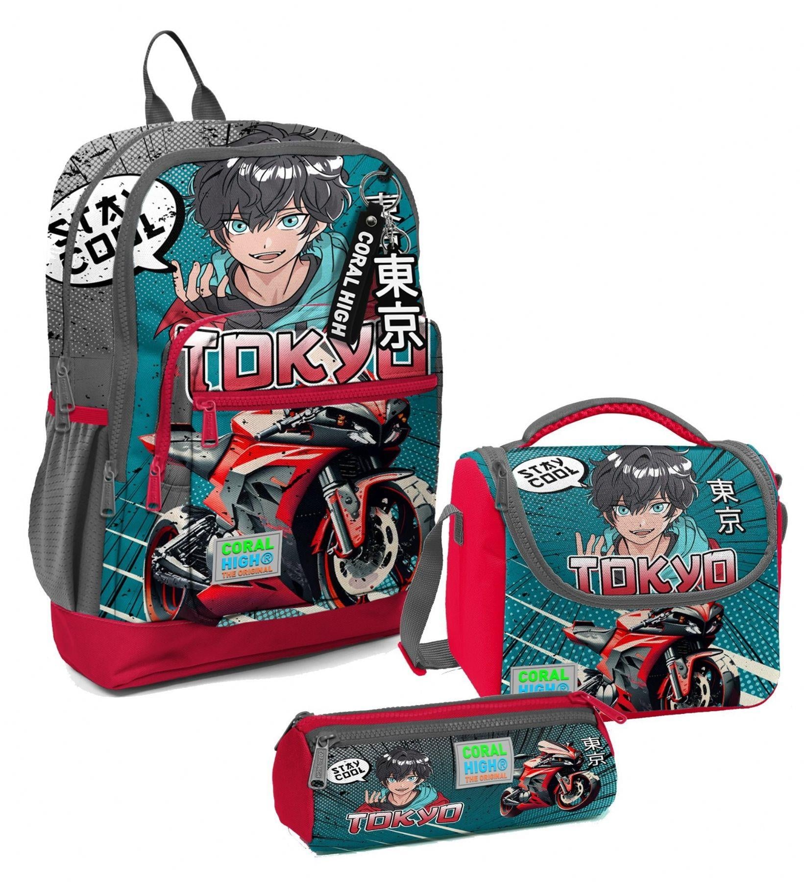 Coral High Erkek Çocuk Üçlü İlkokul Okul Çanta Seti - Gri Nefti Anime Motorsiklet