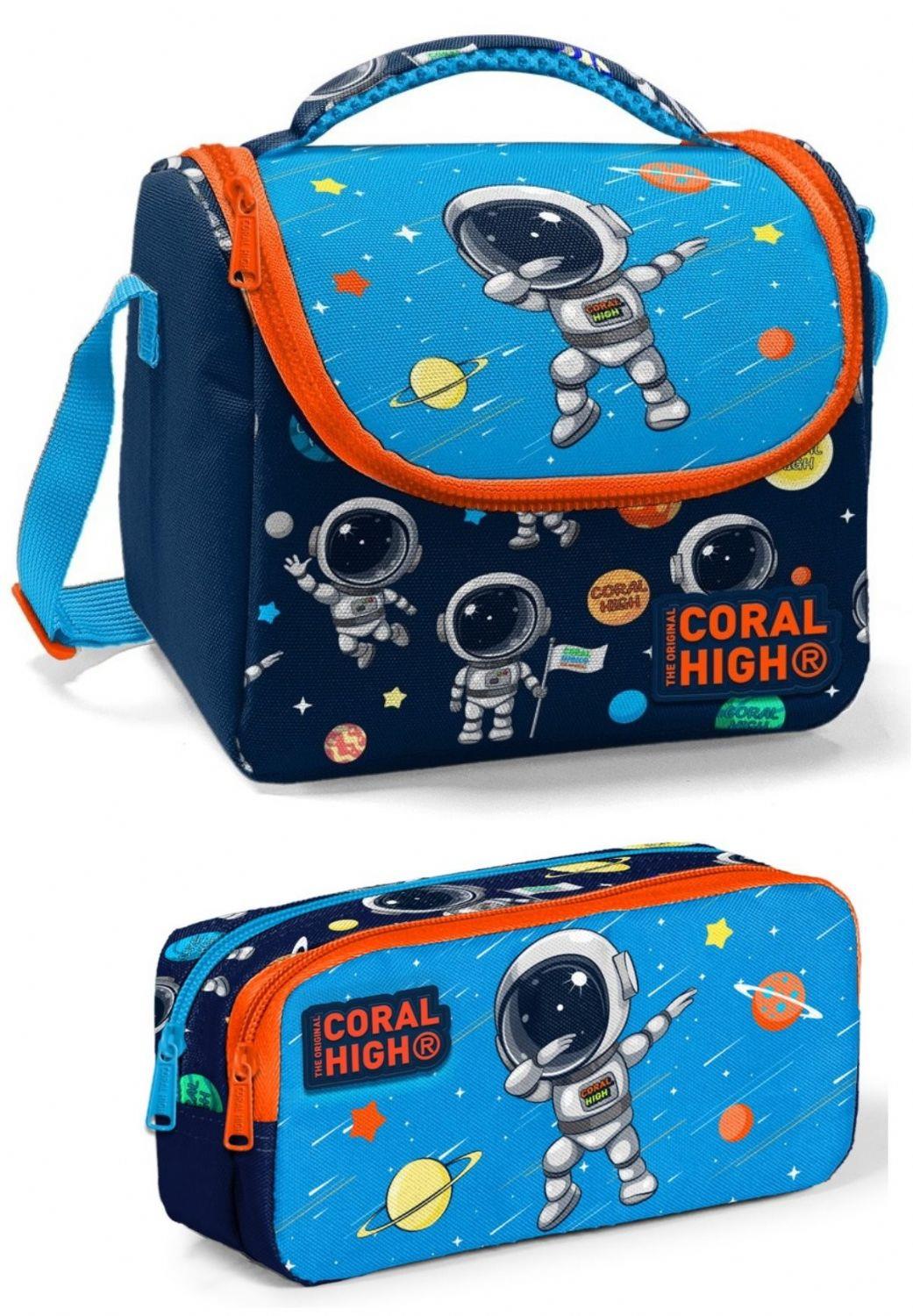 Coral High Erkek Üç Bölmeli Okul Sırt Çantası Beslenme Çantası ve Kalemlik Seti - Lacivert Mavi Astronot