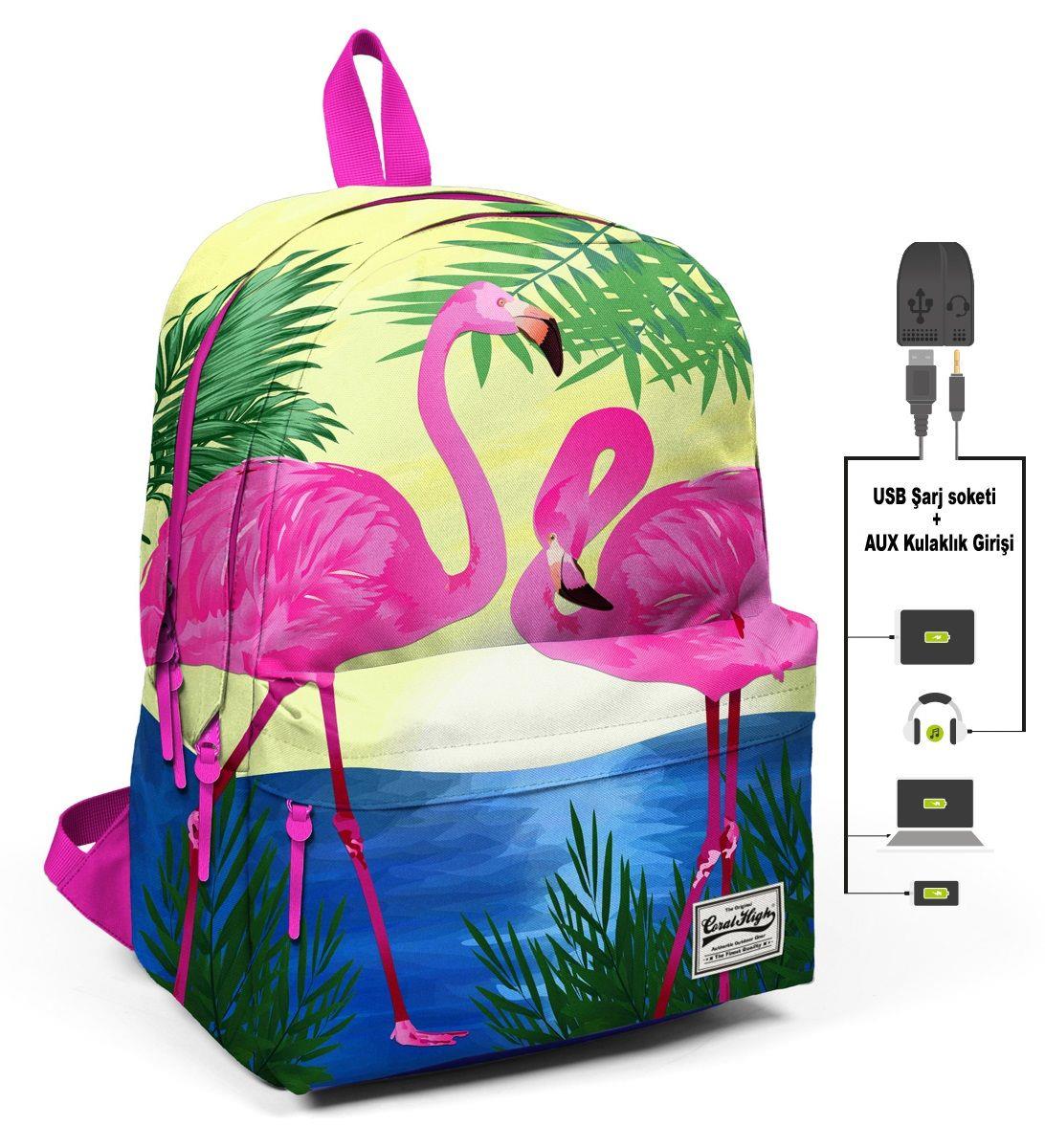 Coral High Flamingo Aşkı Üç Gözlü Okul ve Günlük Sırt Çantası - USB+AUX Soketli