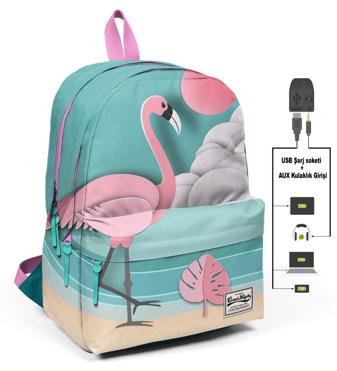 Coral High Flamingolu Üç Gözlü Okul ve Günlük Sırt Çantası - USB+AUX Soketli