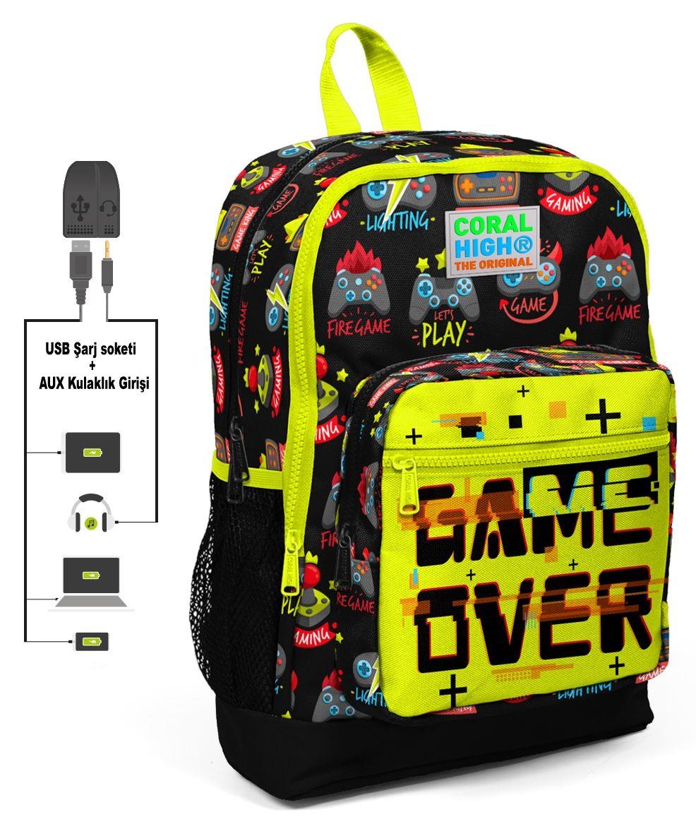 Coral High Game Over Baskılı Okul Çantası ve Beslenme Çantası Seti - Erkek Çocuk - USB Soketli