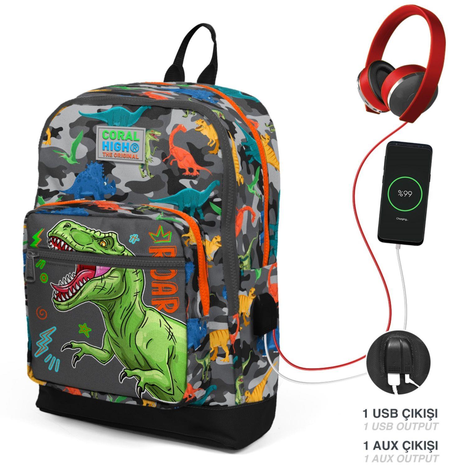 Coral High Gri Yeşil Dinazor İlkokul ve Günlük Sırt Çantası - USB Soketli