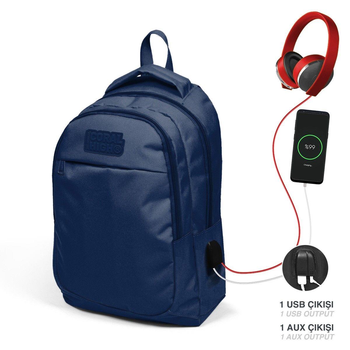 Coral High İlk ve Orta Okul ve Beslenme Çantası Seti - Erkek Çocuk Lacivert - USB Soketli