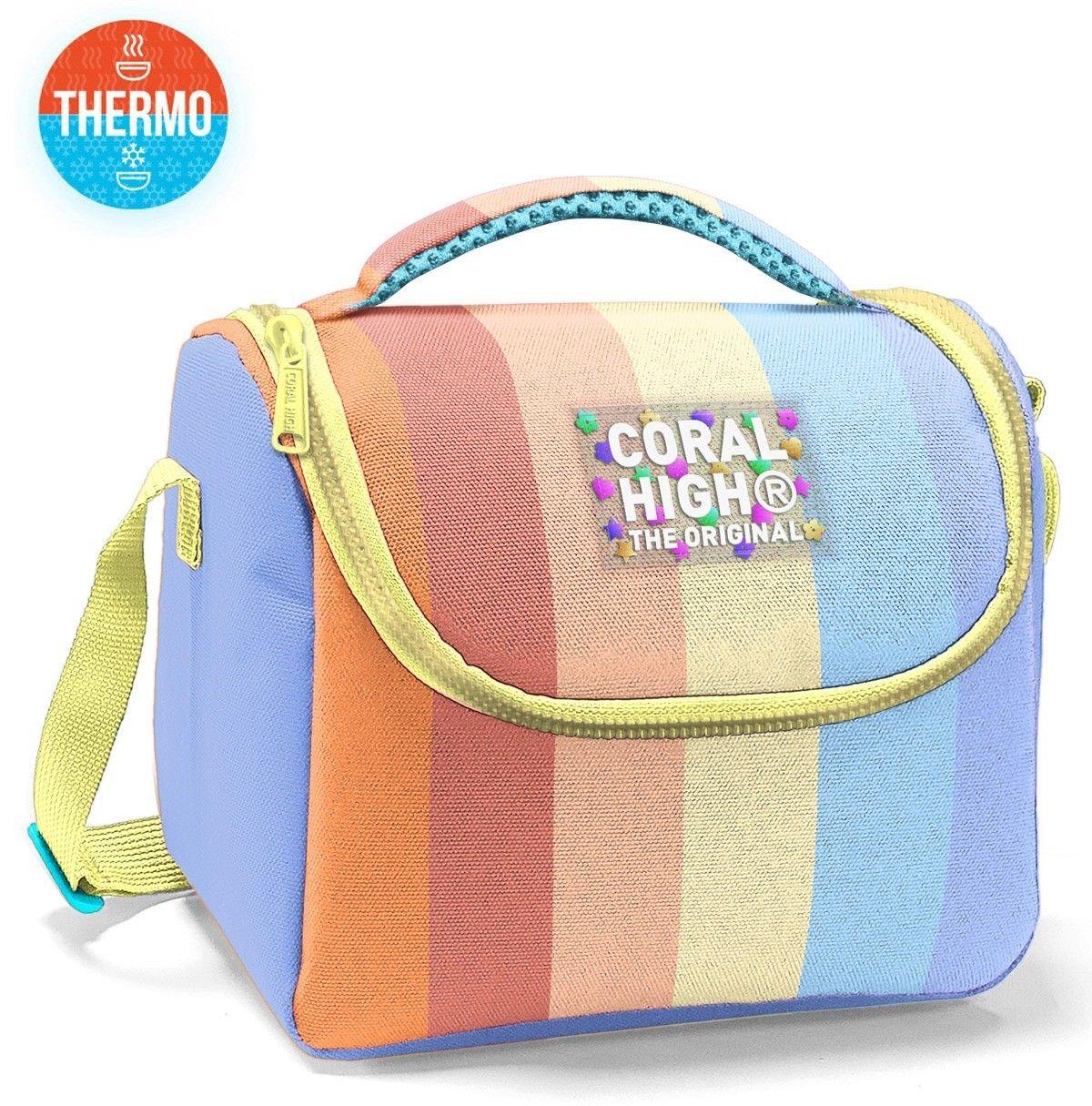 Coral High İlkokul Kız Çocuk Okul Beslenme Çantası, Turuncu Sarı Mavi Renkli Çizgili, Termoslu (Isı Yalıtımlı) 22780