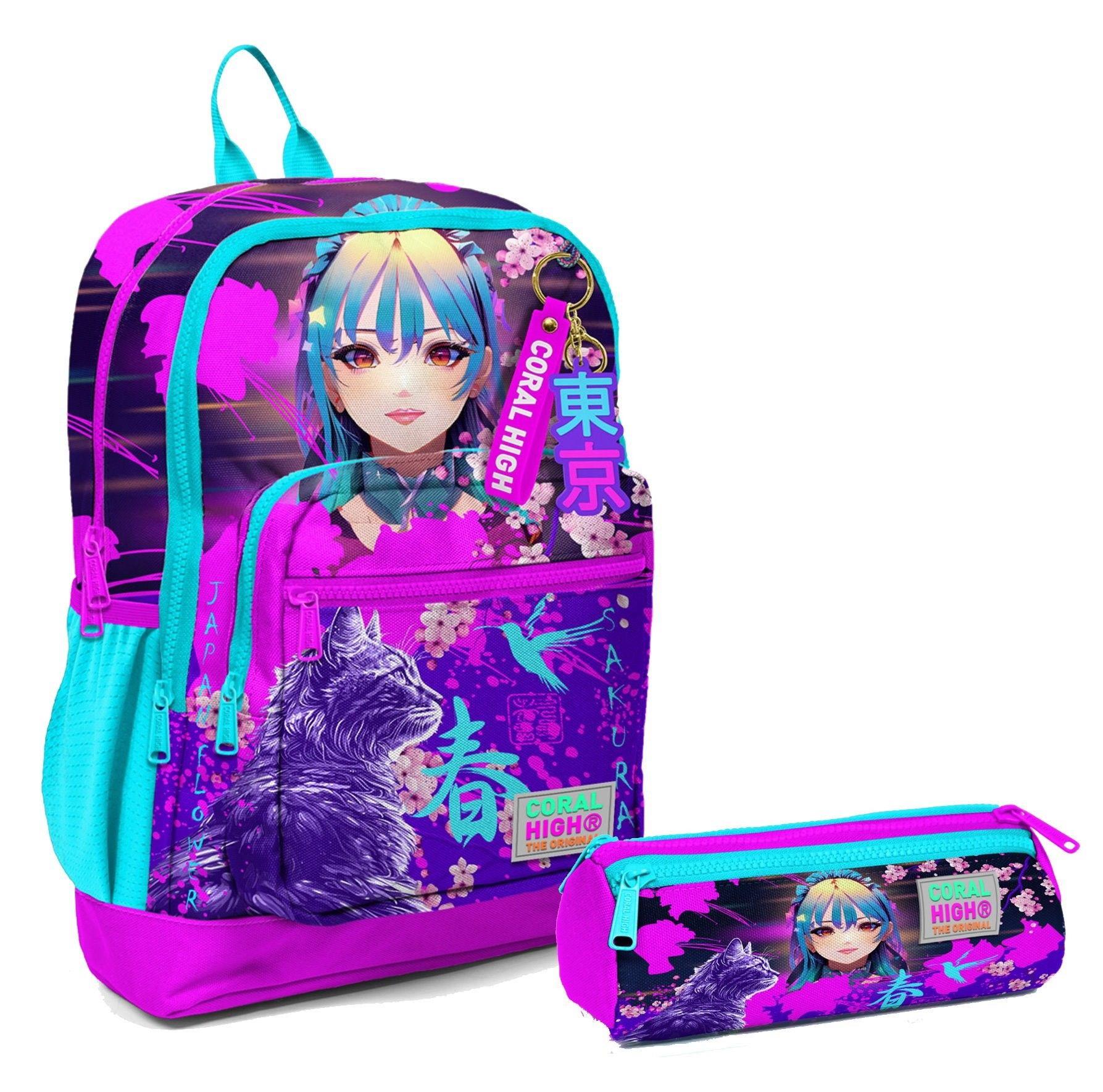 Coral High İlkokul Sırt Çantası ve Kalemlik Seti - Mor Pembe Anime Kedi - Kız Çocuk