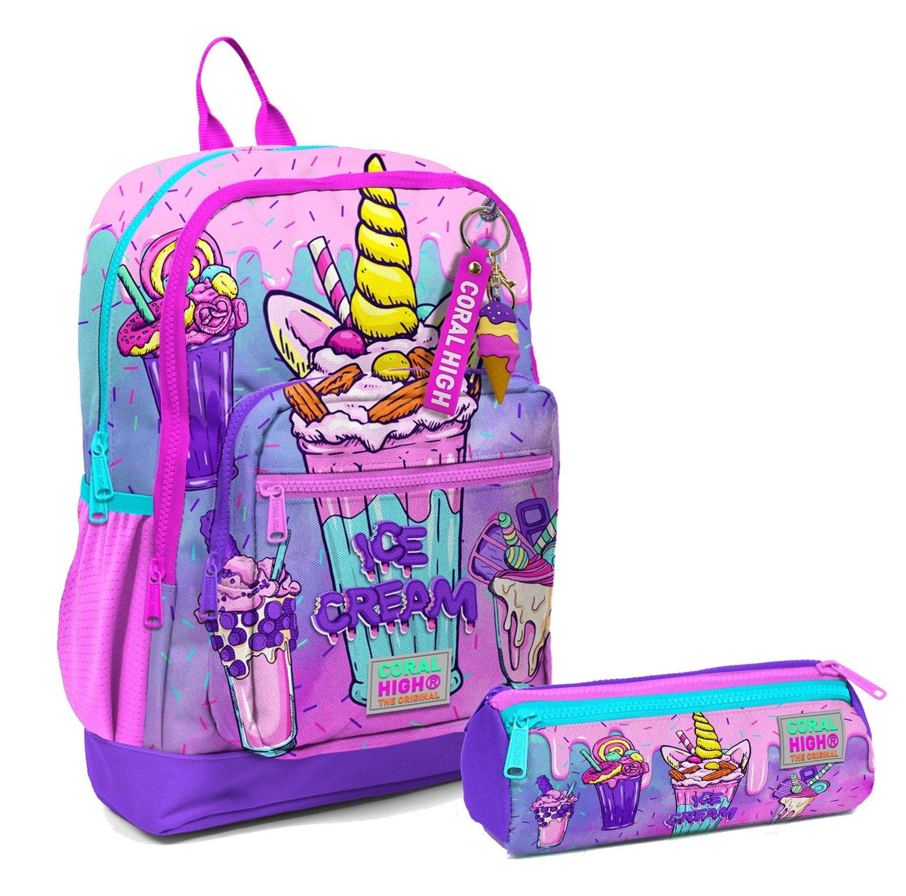 Coral High İlkokul Sırt Çantası ve Kalemlik Seti - Pembe Mor Dondurma - Kız Çocuk
