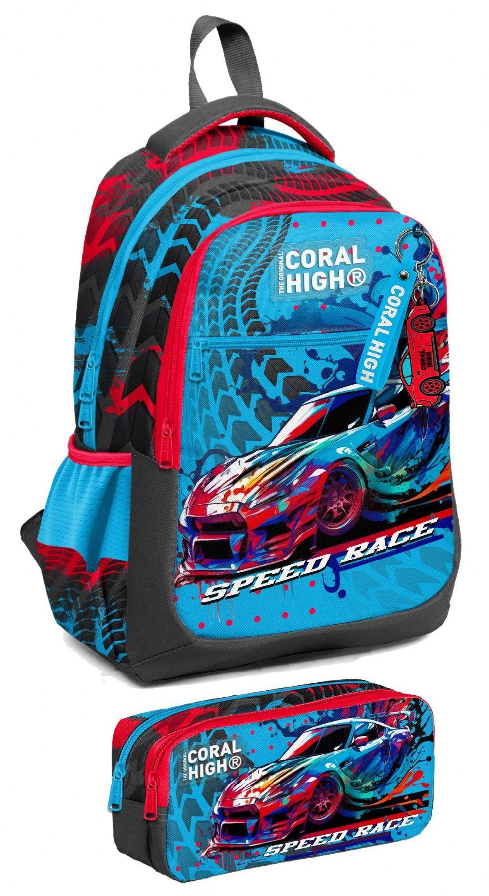 Coral High İlkokul Sırt Çantası ve Kalemlik Seti - Erkek Çocuk - Gri Mavi Yarış Arabası