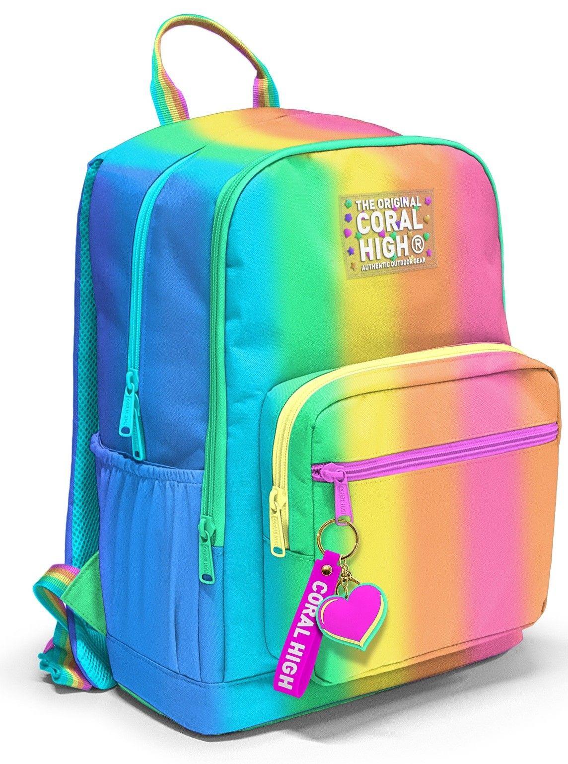 Coral High İlkokul ve Ortaokul Sırt Çantası 23673 - Kız Çocuk, Renkli Çizgili Mavi Turuncu Baskılı, Dört Bölmeli