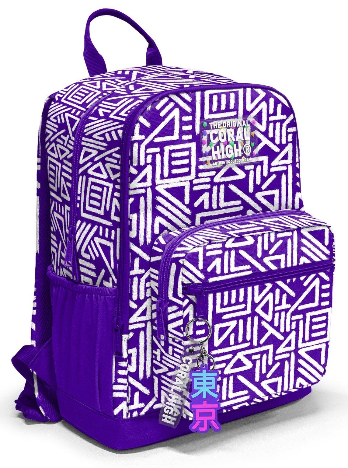 Coral High İlkokul ve Ortaokul Sırt Çantası 23682 - Kız Çocuk, Mor Beyaz Geometrik Şekiller, Dört Bölmeli