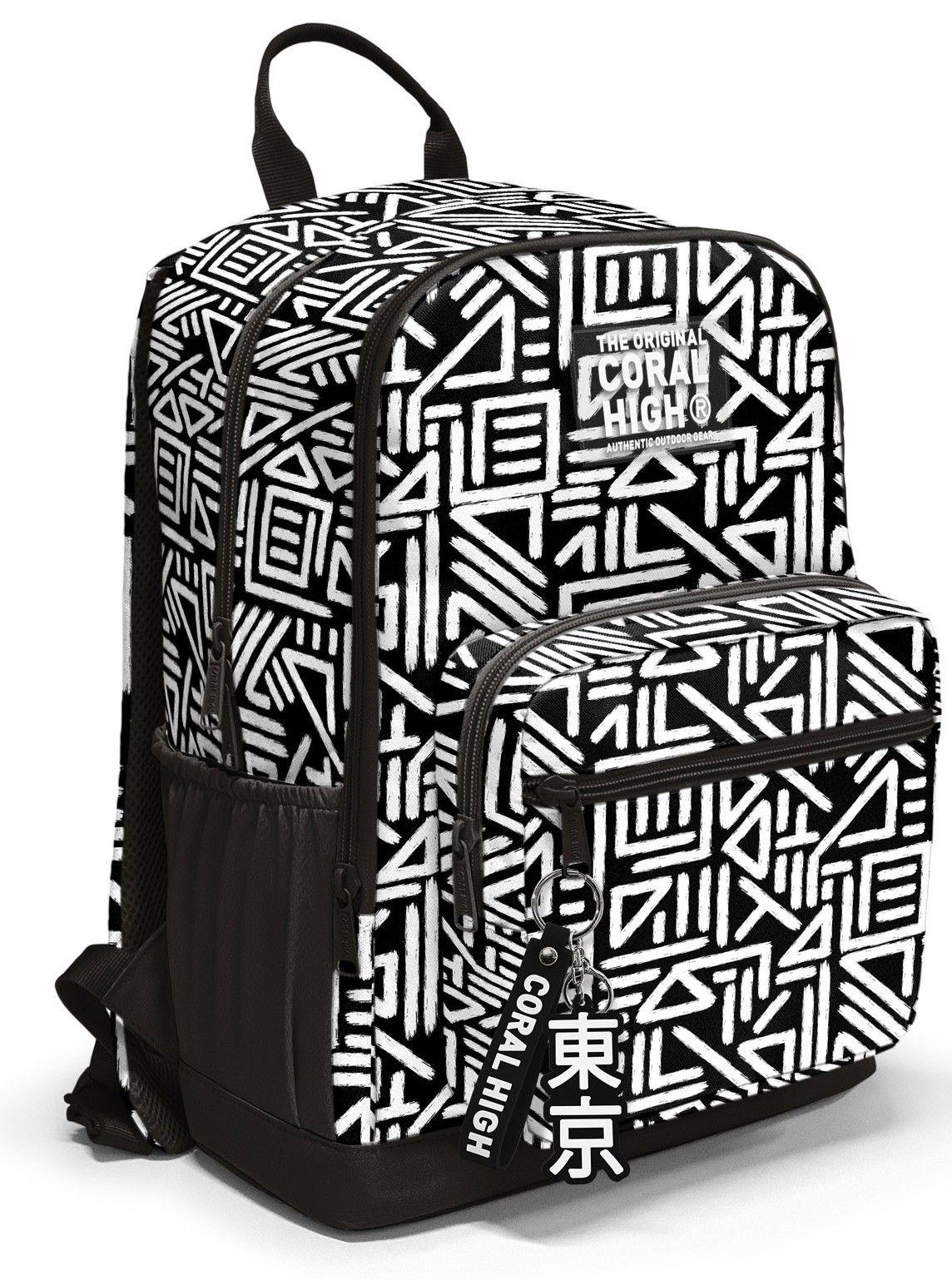 Coral High İlkokul ve Ortaokul Sırt Çantası 23682 - Erkek Çocuk, Siyah Beyaz Geometrik Şekiller, Dört Bölmeli