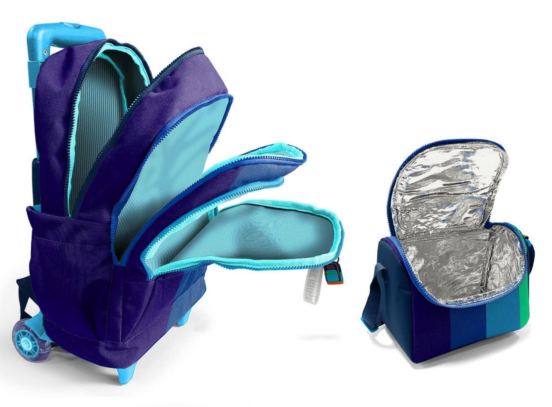 Coral High Işıklı Tekerlekli Çekçek Okul Çanta + Isı Yalıtımlı Beslenme Çantası - Erkek Çocuk - Lacivert Yeşil Renkli Çizgili