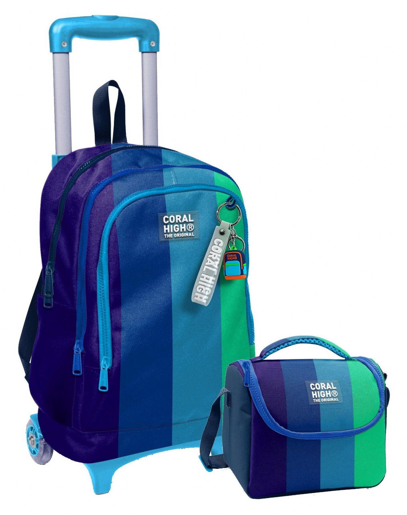 Coral High Işıklı Tekerlekli Çekçek Okul Çanta + Isı Yalıtımlı Beslenme Çantası - Erkek Çocuk - Lacivert Yeşil Renkli Çizgili
