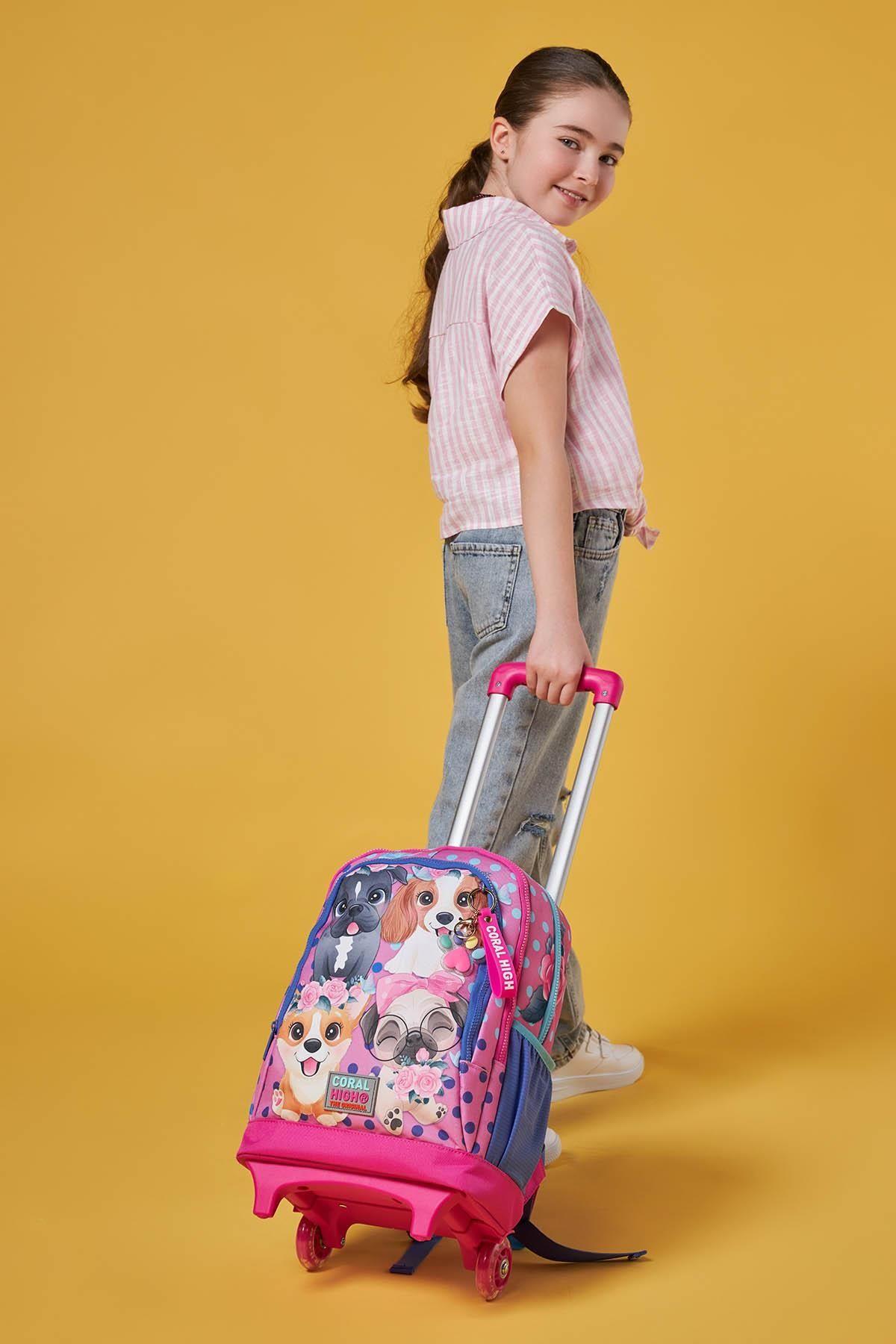 Coral High Işıklı Tekerlekli Pembe Köpek Çekçek Okul Çantası - Kız Çocuk