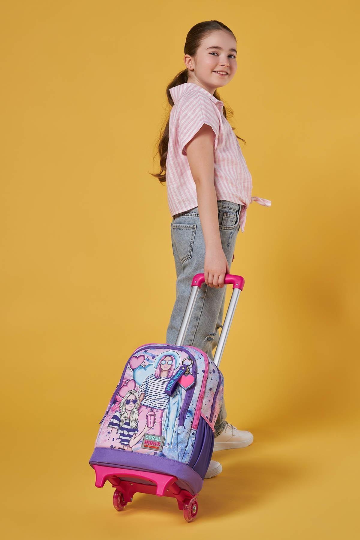 Coral High Işıklı Tekerlekli Pembe Mor Fashion Girl Çekçek Okul Çantası - Kız Çocuk