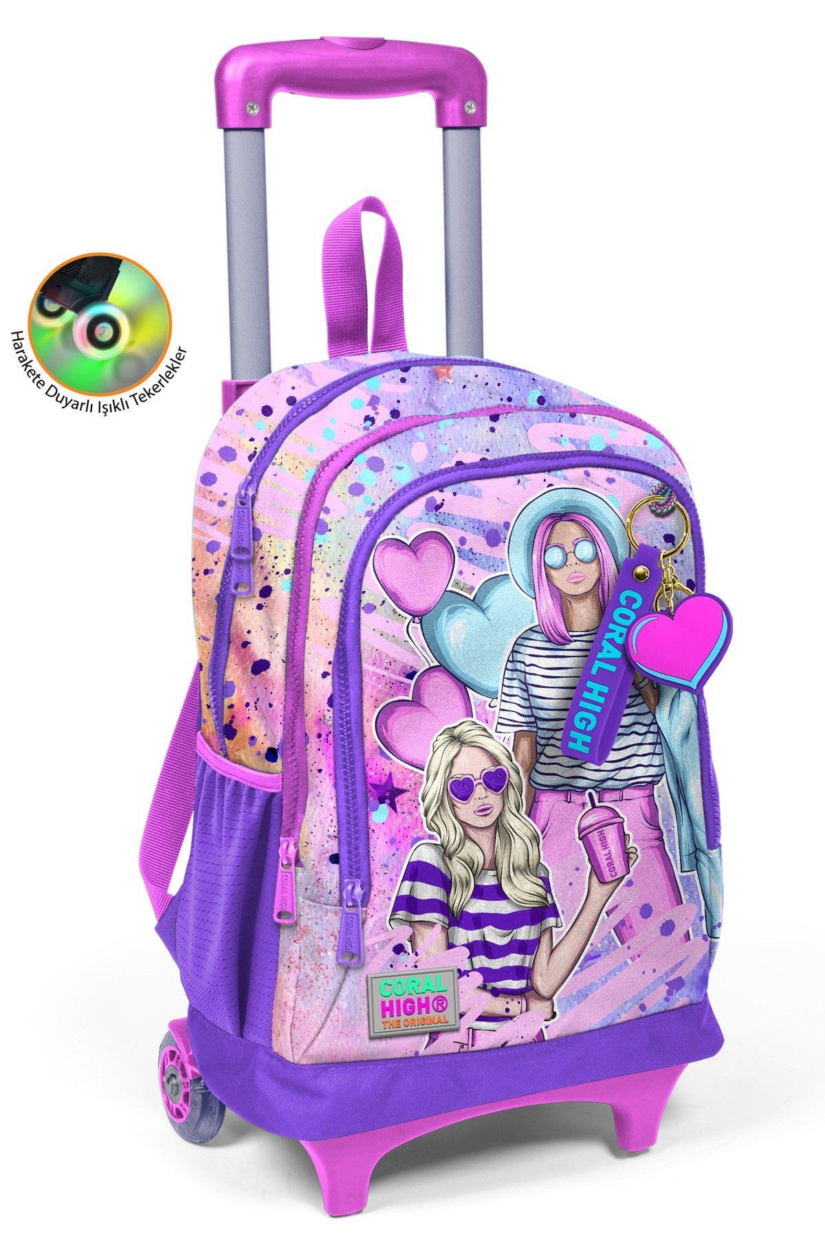 Coral High Işıklı Tekerlekli Pembe Mor Fashion Girl Çekçek Okul Çantası - Kız Çocuk