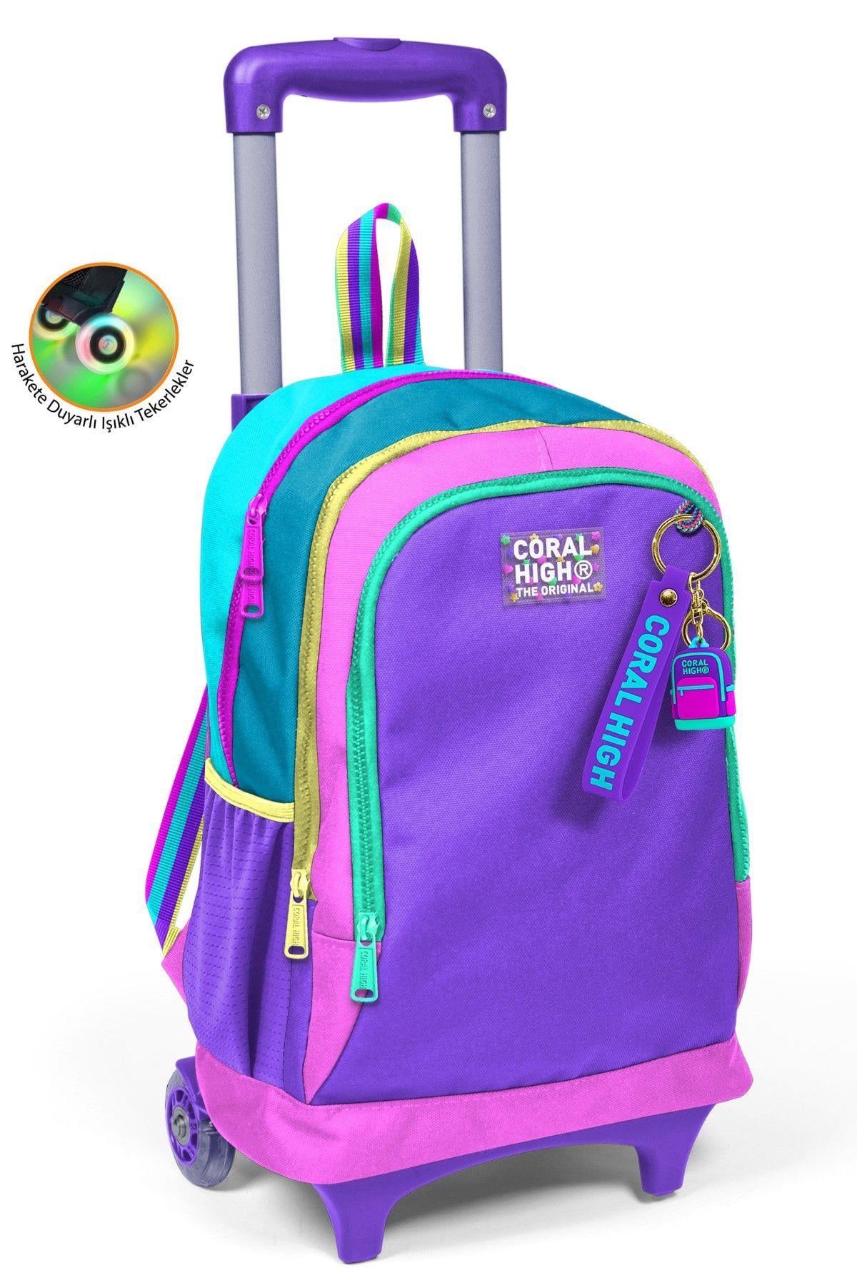 Coral High Işıklı Tekerlekli Pembe Pastel Renkli Çekçek Okul Çantası - Kız Çocuk
