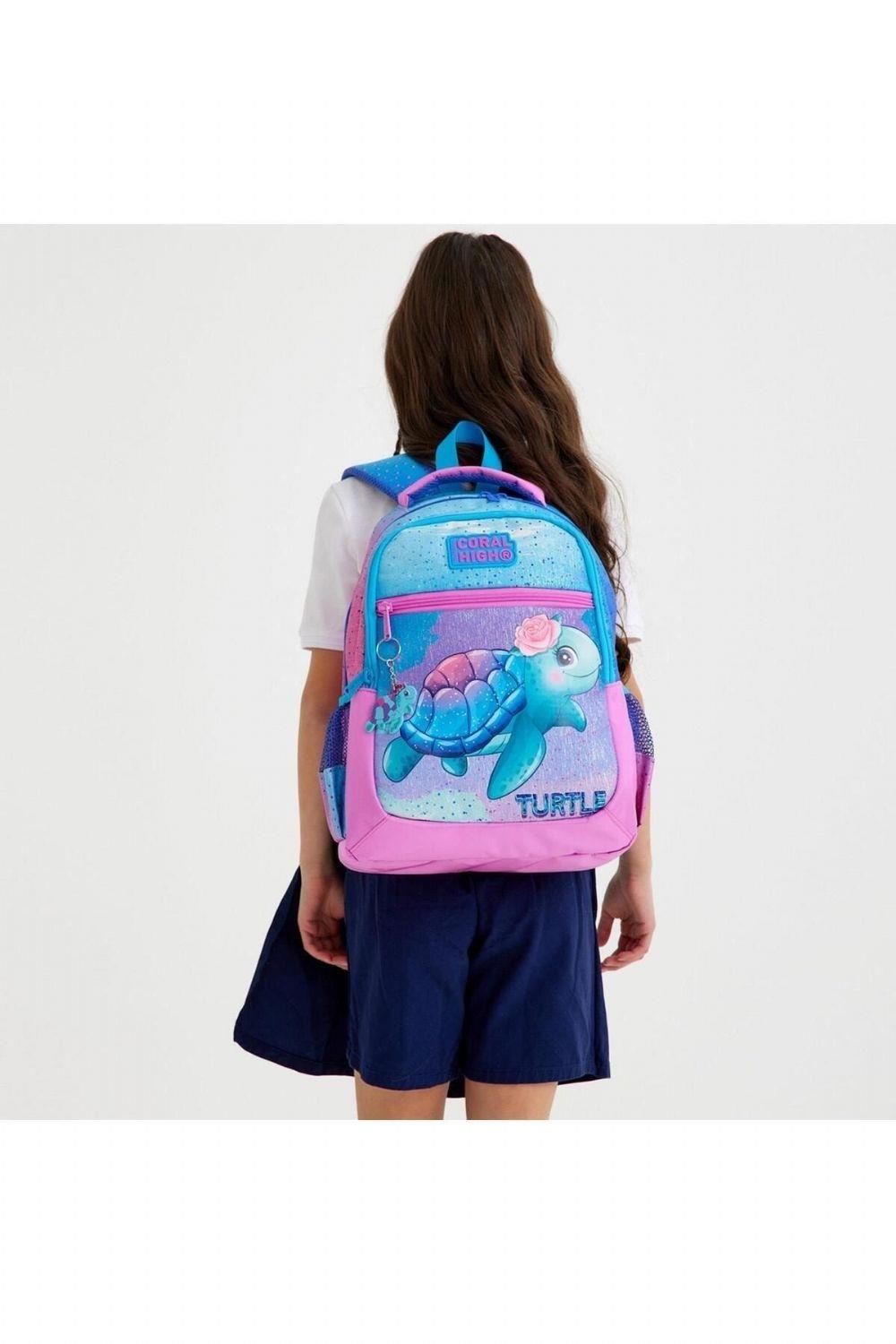 Coral High Kids Açık Pembe Mavi Kaplumbağa Desenli 2li Okul Çanta Seti - Kız Çocuk