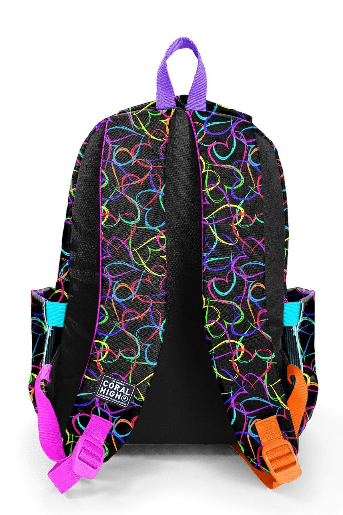 Coral High Kids Çok Renkli Kalp Desenli 3lü Okul Çanta Seti SET0123670 - Kız