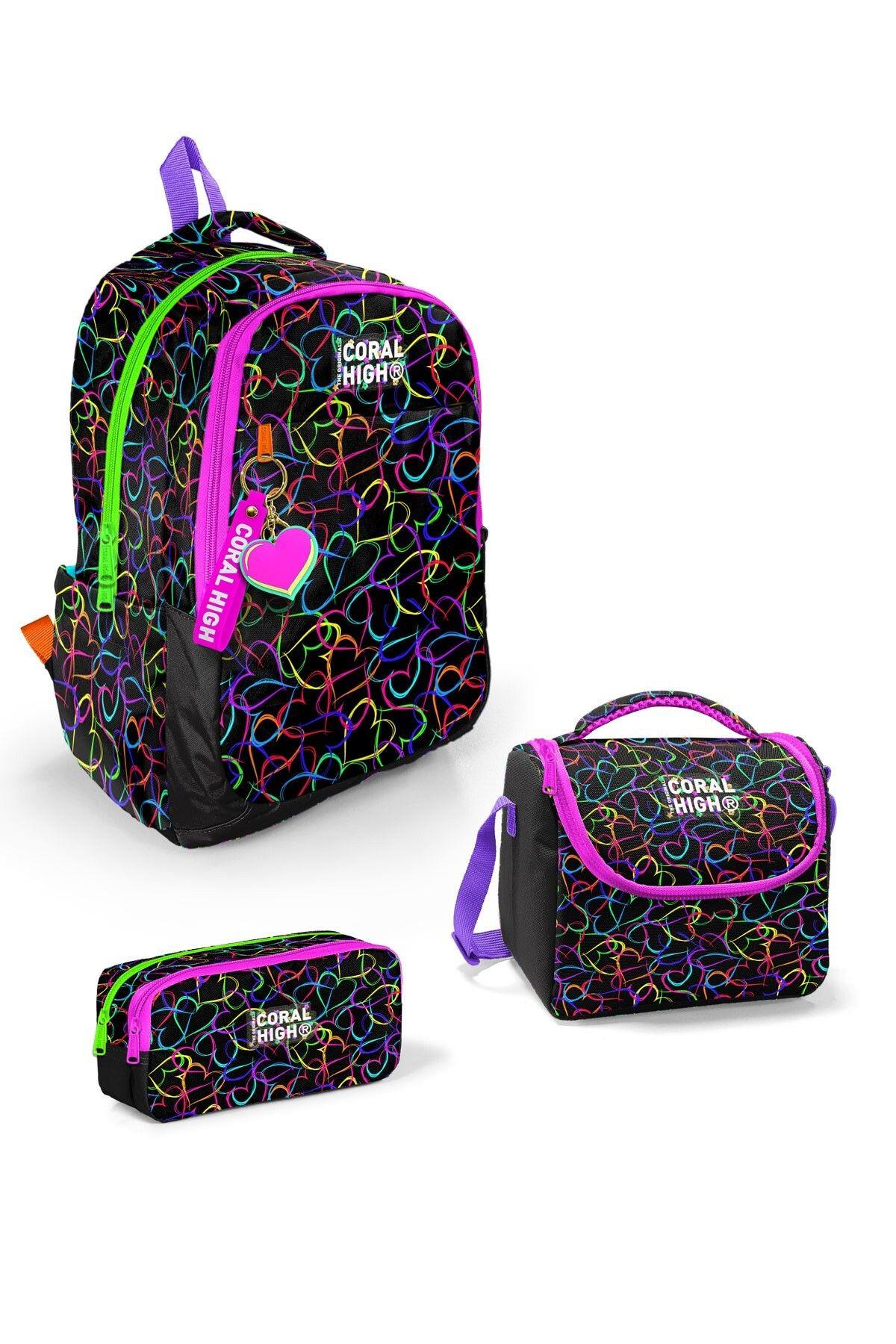 Coral High Kids Çok Renkli Kalp Desenli 3lü Okul Çanta Seti SET0123670 - Kız