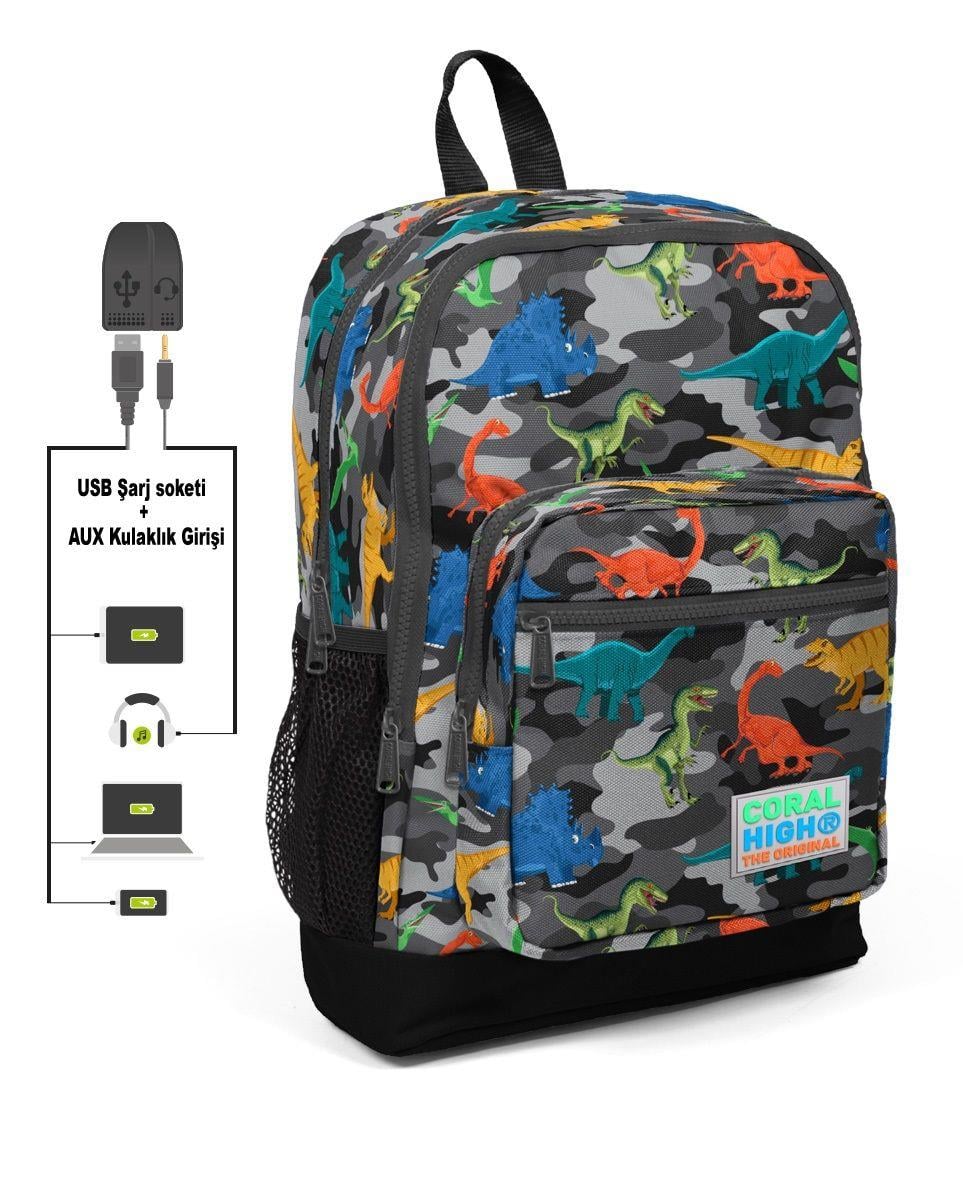 Coral High Kids Dinazor Kamuflaj Desenli Dört Gözlü Erkek Çocuk İlkokul Çantası -USB+AUX Soketli