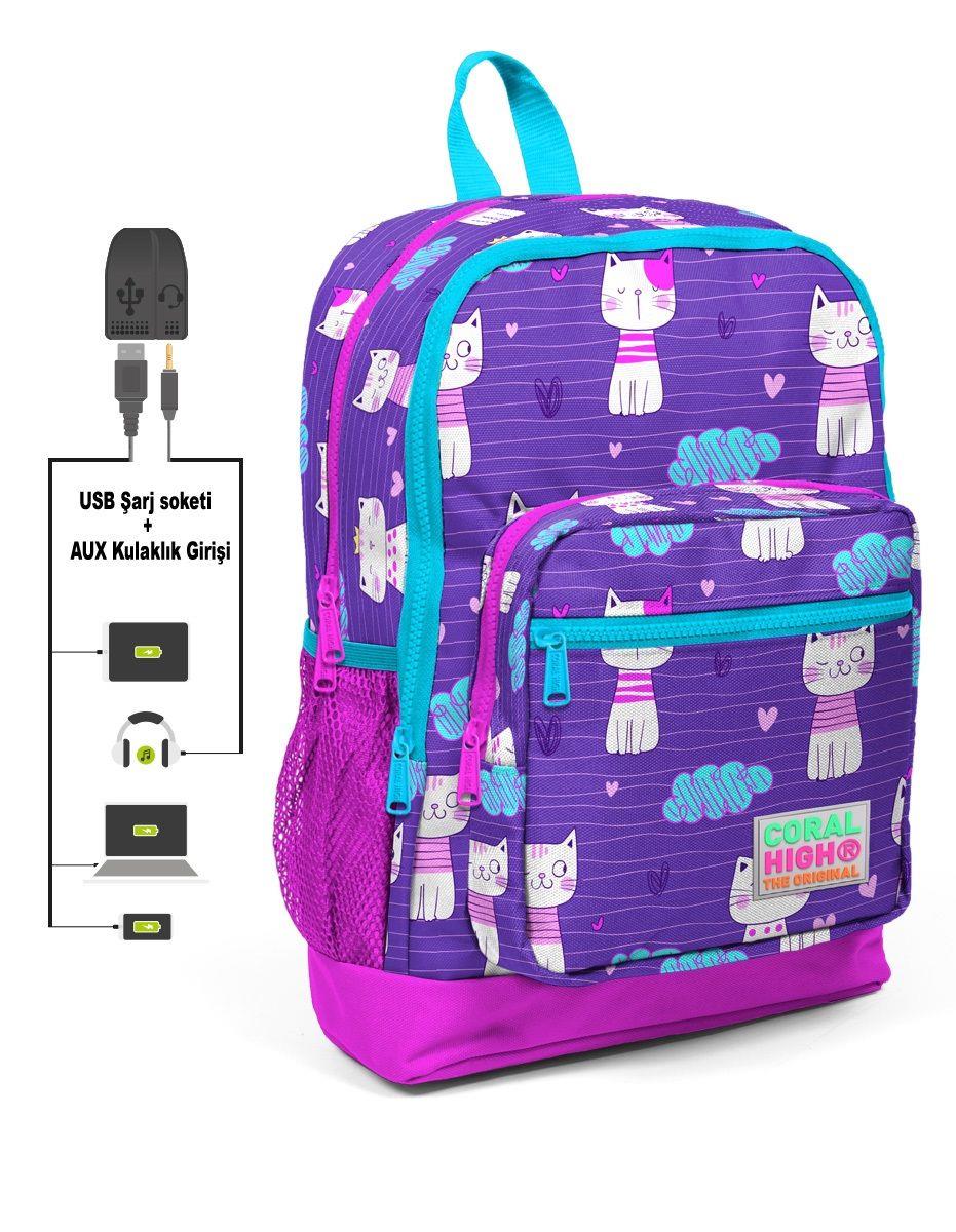 Coral High Kids Dört Gözlü Kız Çocuk İlkokul Çantası - Kedi Baskılı - USB+AUX Soketli