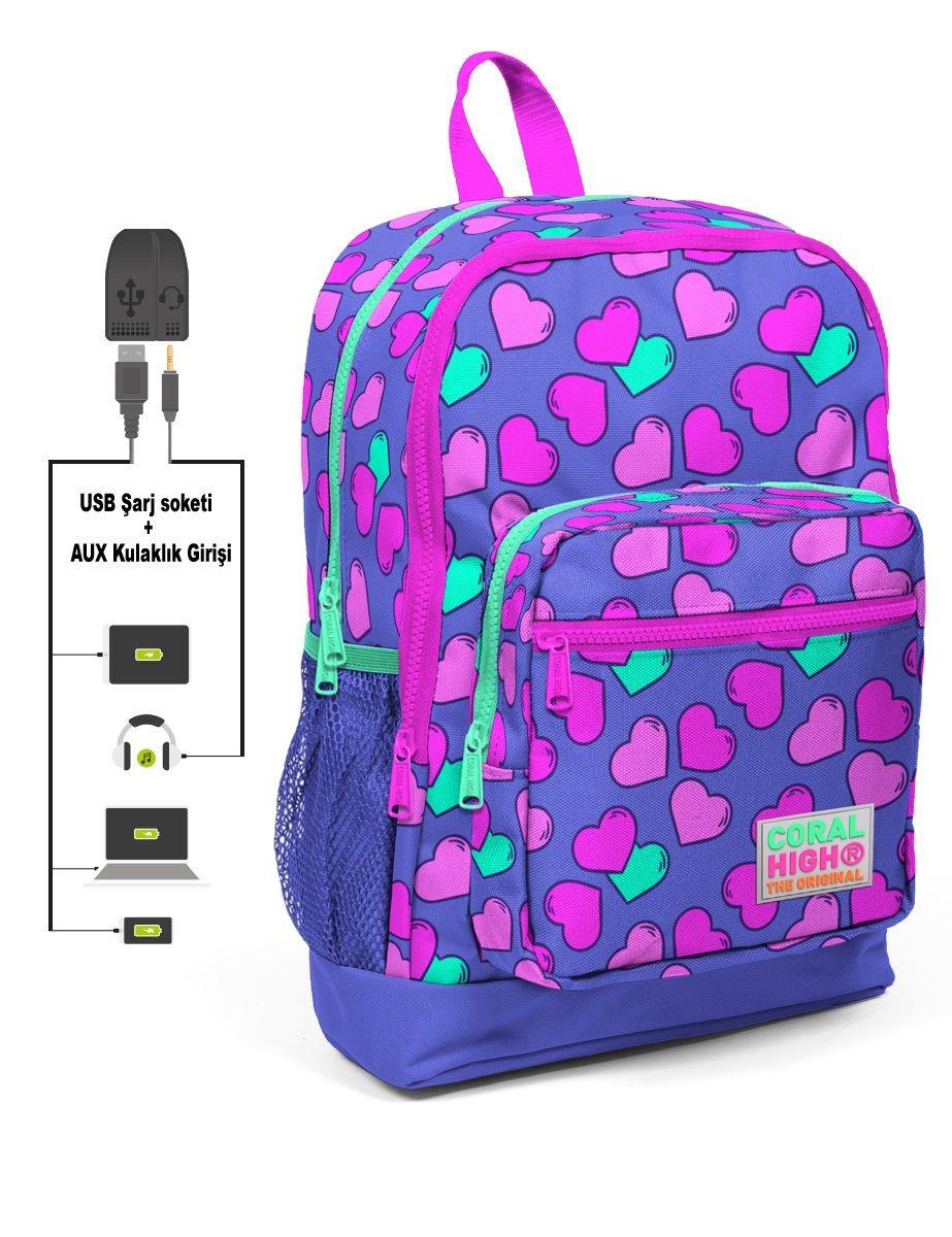 Coral High Kids Dört Gözlü Kız Çocuk İlkokul Çantası - Kalpler Baskılı - USB+AUX Soketli