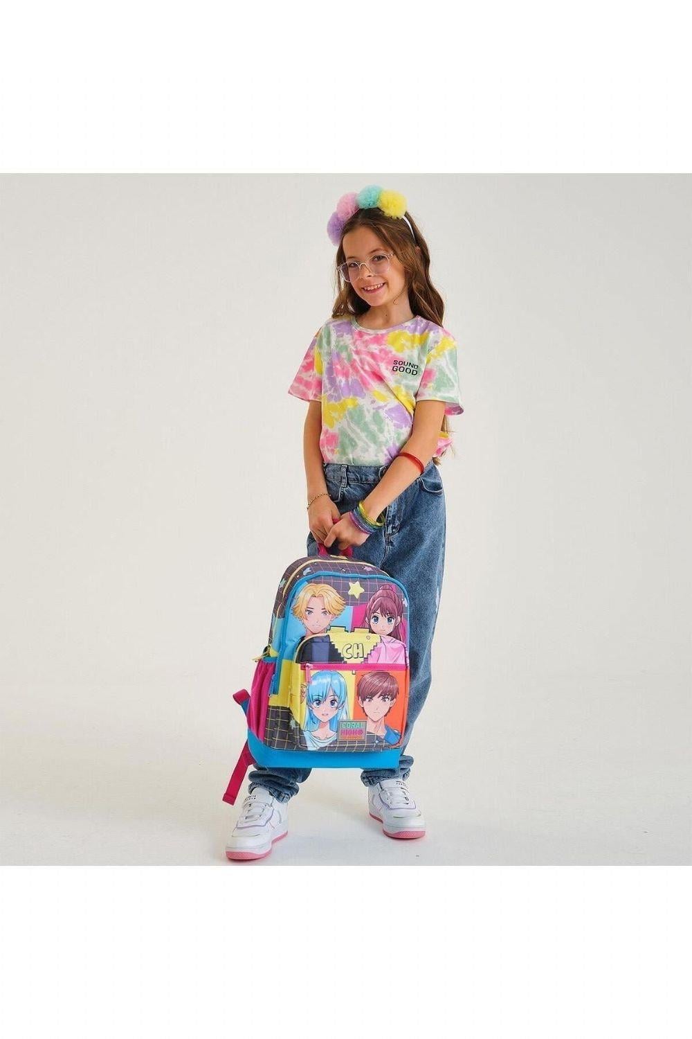 Coral High Kids Gri Mavi Pembe Anime Desenli 2li Okul Çanta Seti - Kız Çocuk