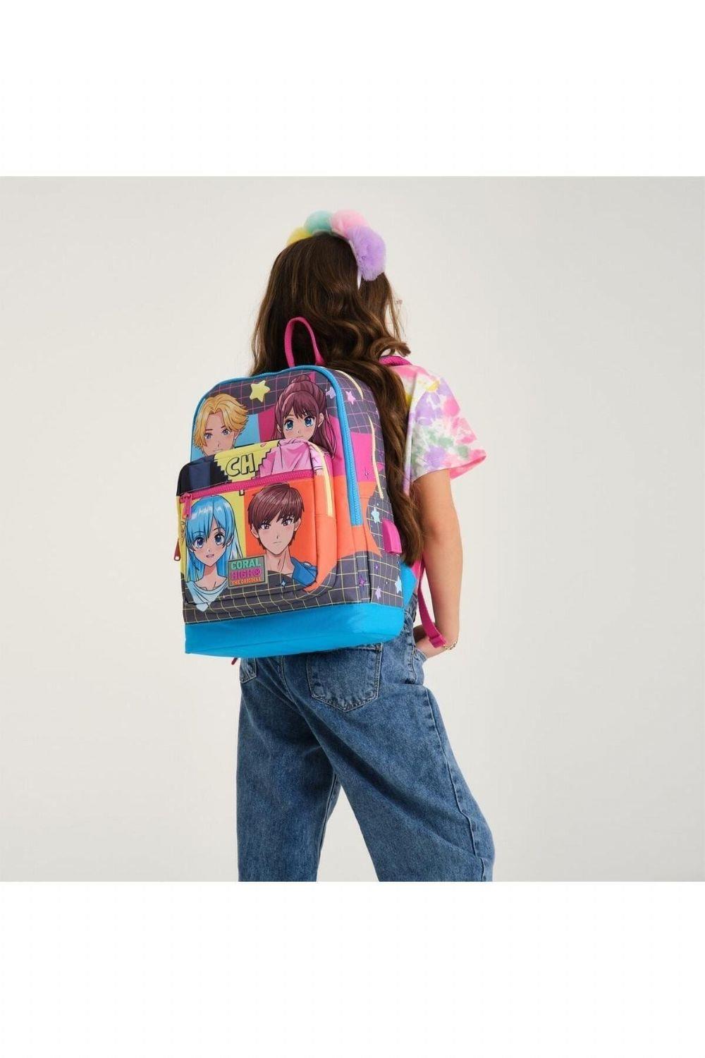 Coral High Kids Gri Mavi Pembe Anime Desenli USBli 2li Kız Çocuk Okul Çanta Seti