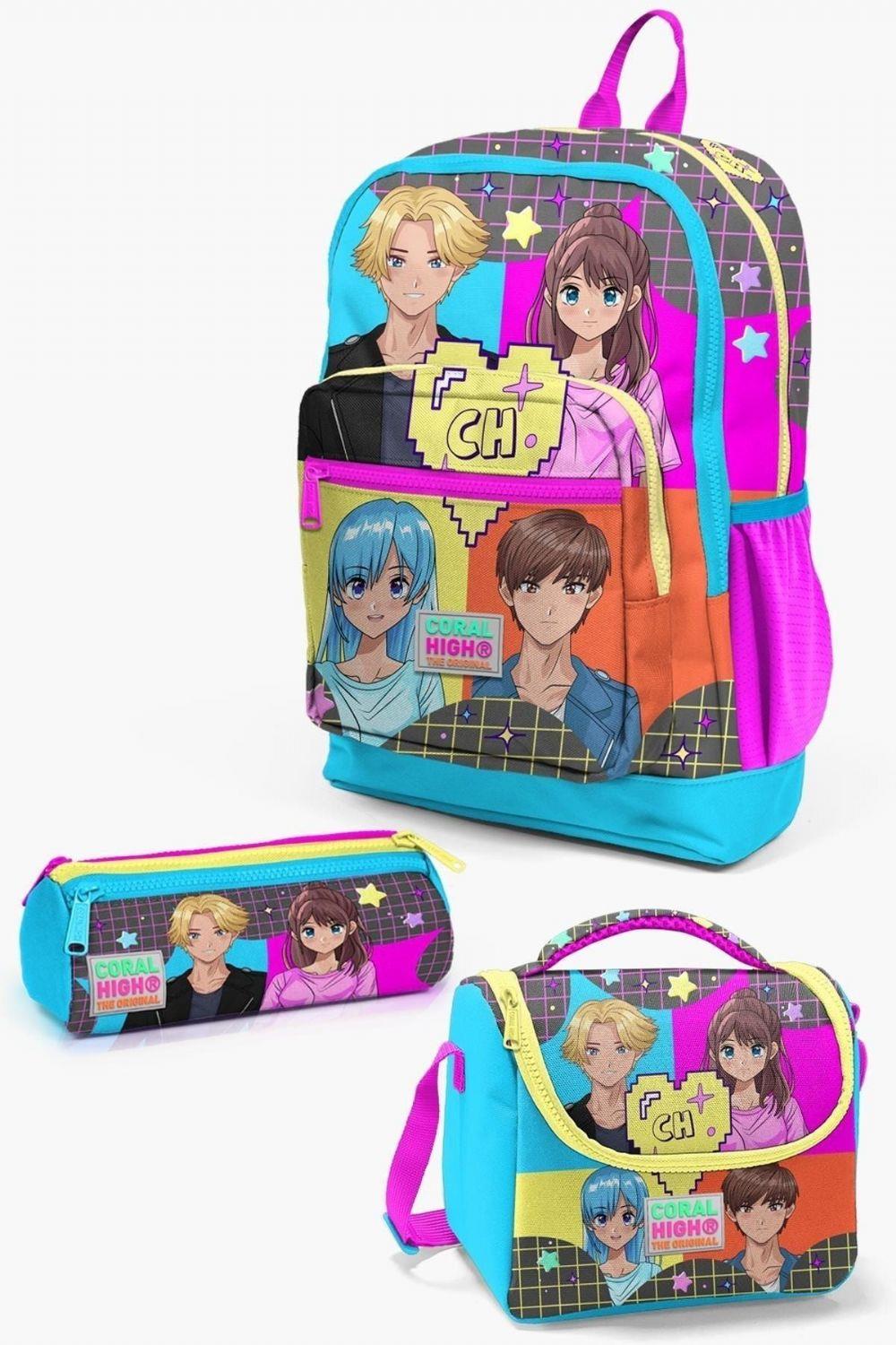 Coral High Kids Gri Mavi Pembe Anime Desenli 3lü Okul Çanta Seti - Kız Çocuk