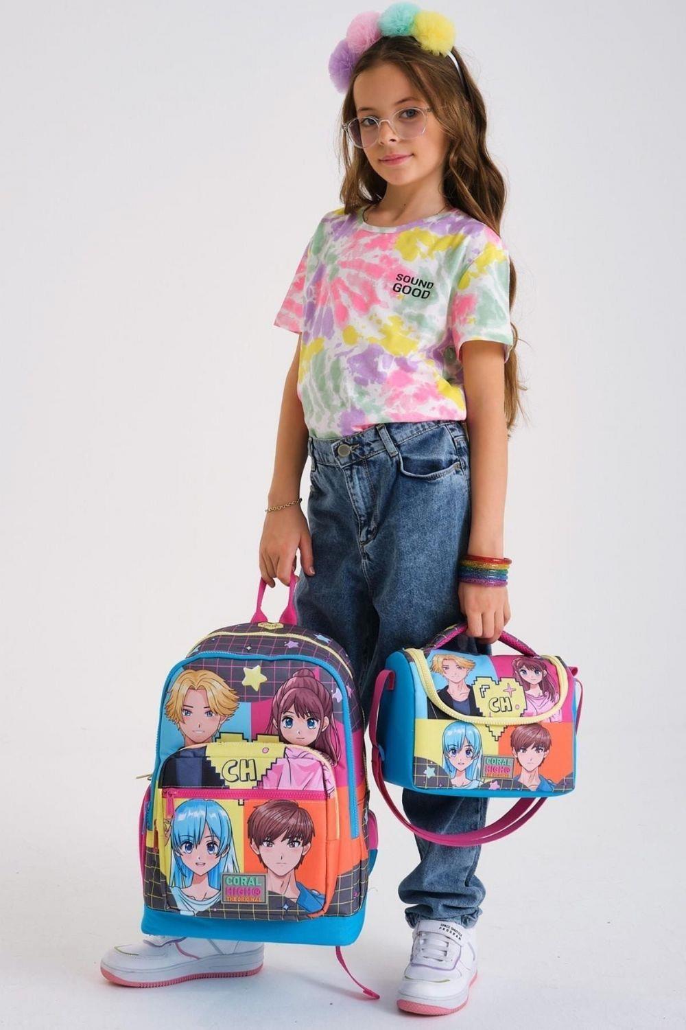 Coral High Kids Gri Mavi Pembe Anime Desenli 3lü Okul Çanta Seti - Kız Çocuk