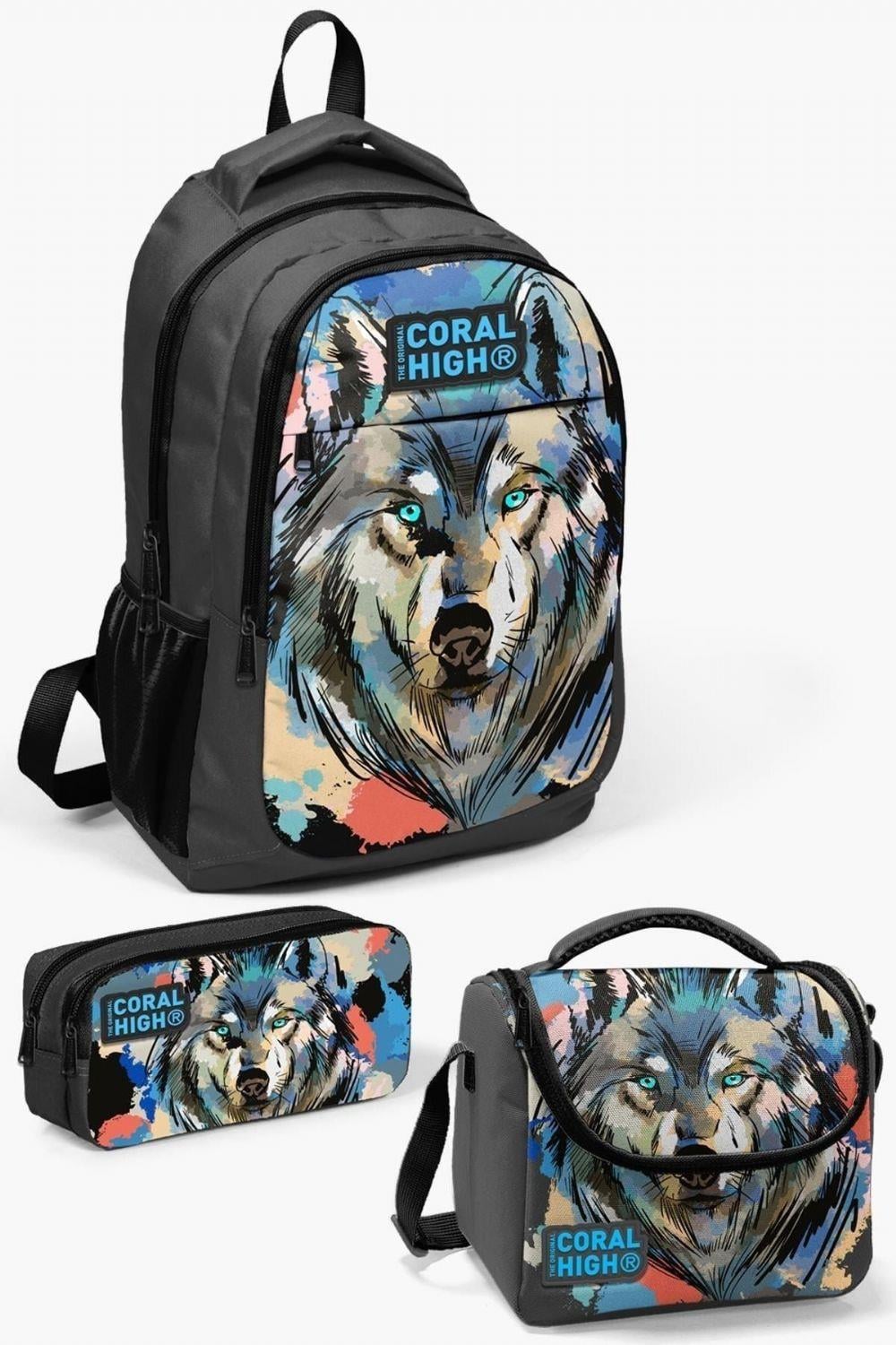 Coral High Kids Gri Siyah Kurt Desenli 3lü Okul Çanta Seti - Erkek Çocuk