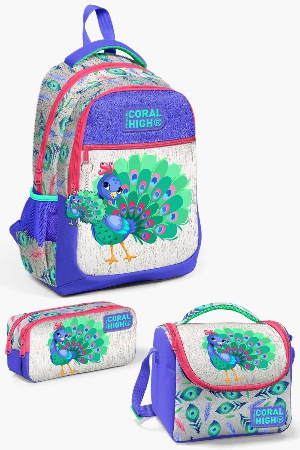 Coral High Kids Gümüş Lavanta Tavus Kuşu Desenli 3lü Okul Çanta Seti - Kız Çocuk