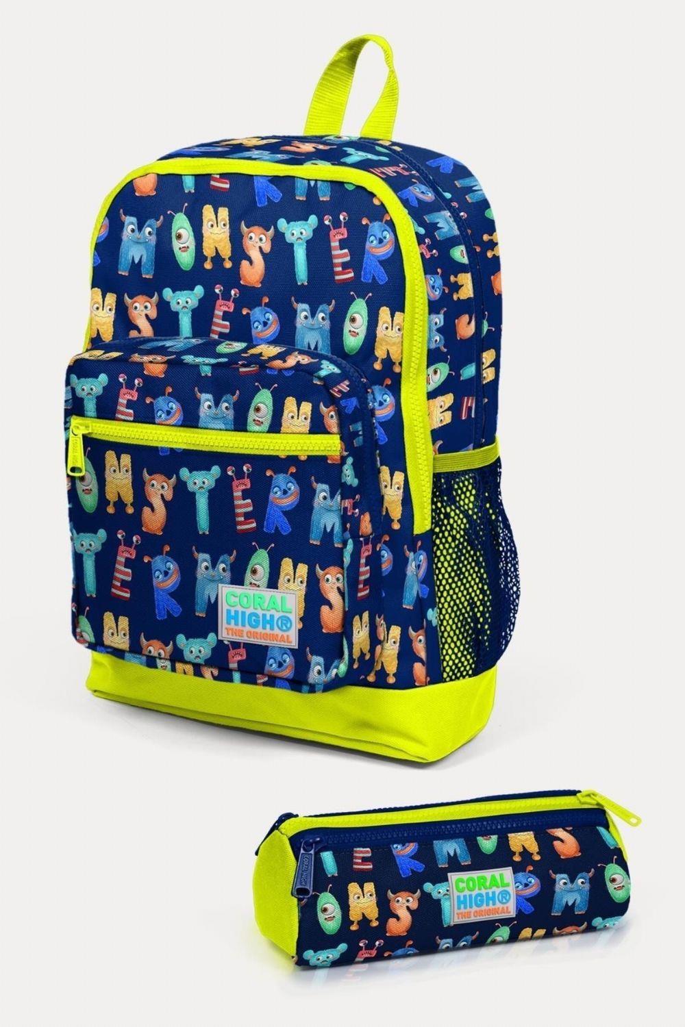 Coral High Kids Lacivert Neon Sarı Monster Desenli 2li Okul Çanta Seti - Erkek Çocuk