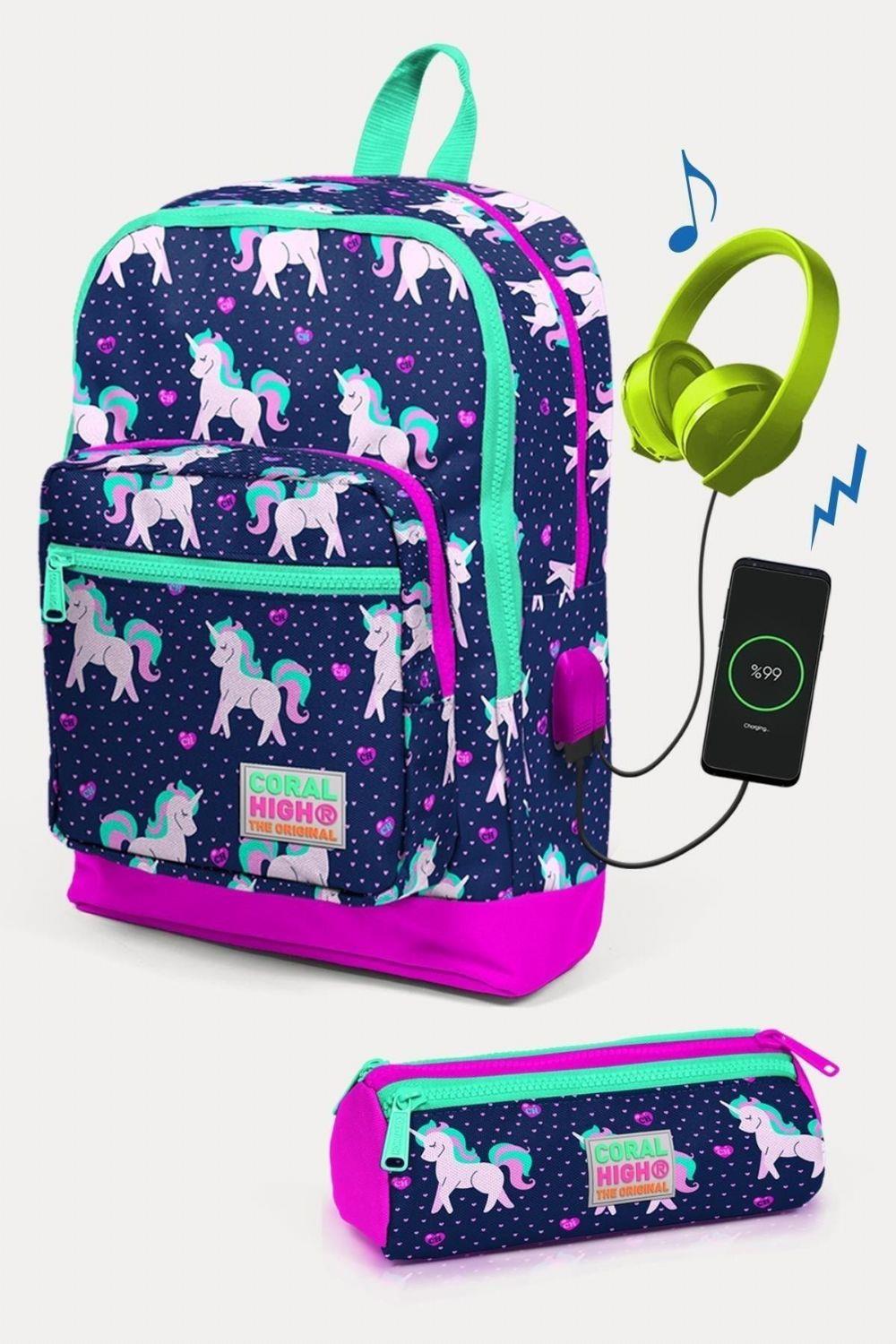 Coral High Kids Lacivert Pembe Unicorn Desenli USBli 2li Okul Çanta Seti - Kız Çocuk